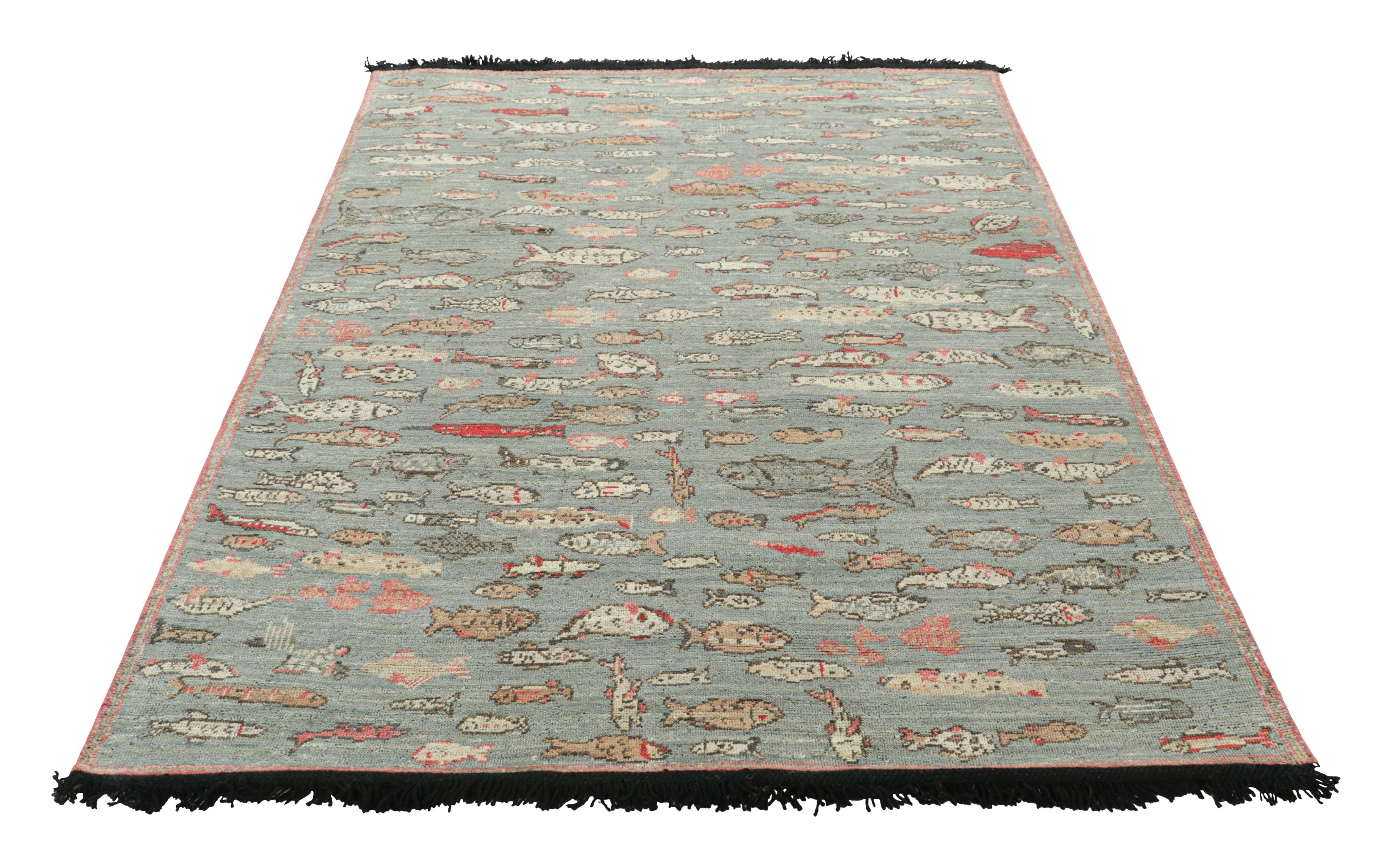 Indian Rug & Kilim’s Pictorial Art Rug in Blue with Polychromatic Fish Illustrations For Sale