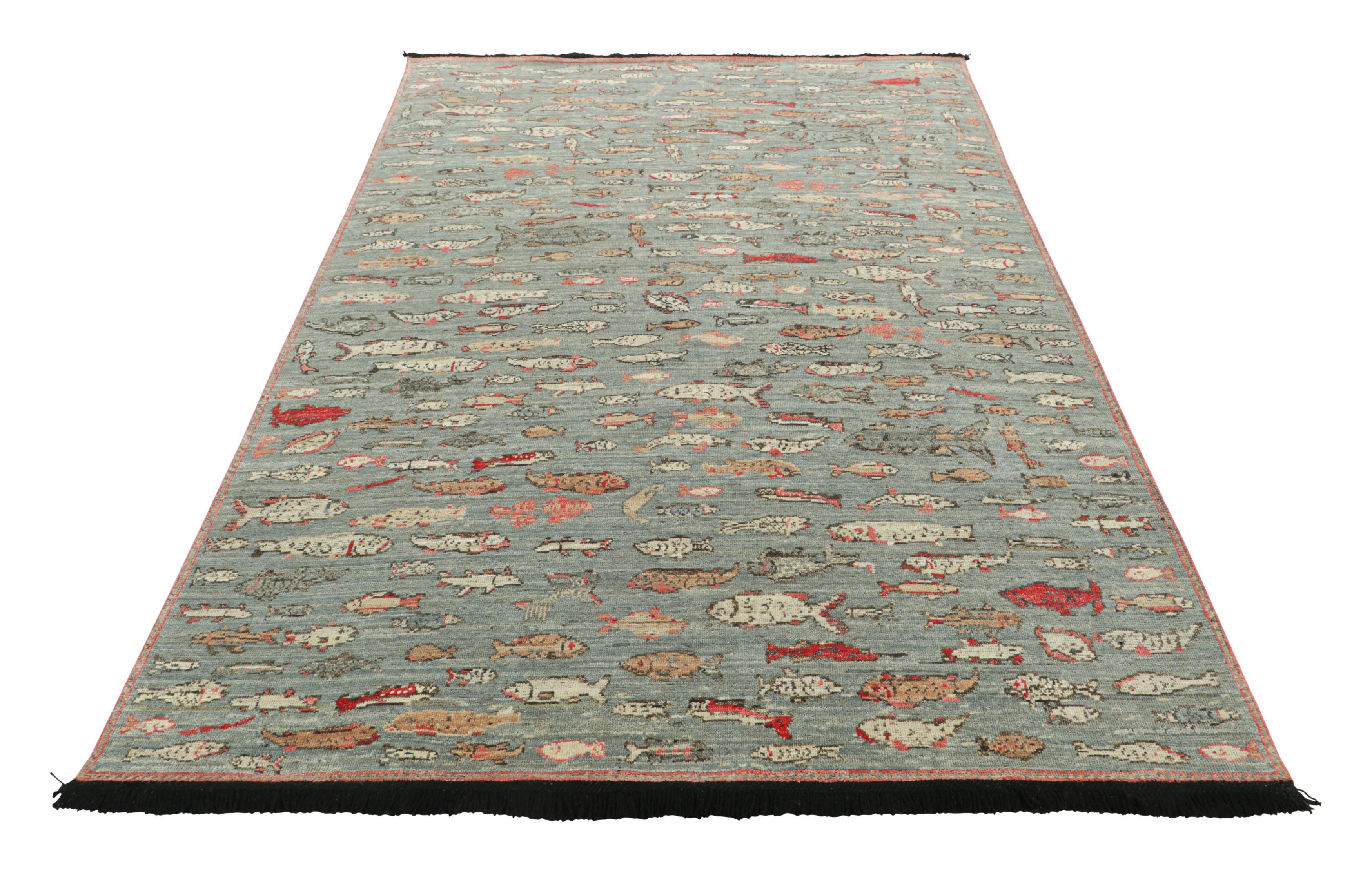Indian Rug & Kilim’s Pictorial Art Rug in Blue with Polychromatic Fish Illustrations For Sale