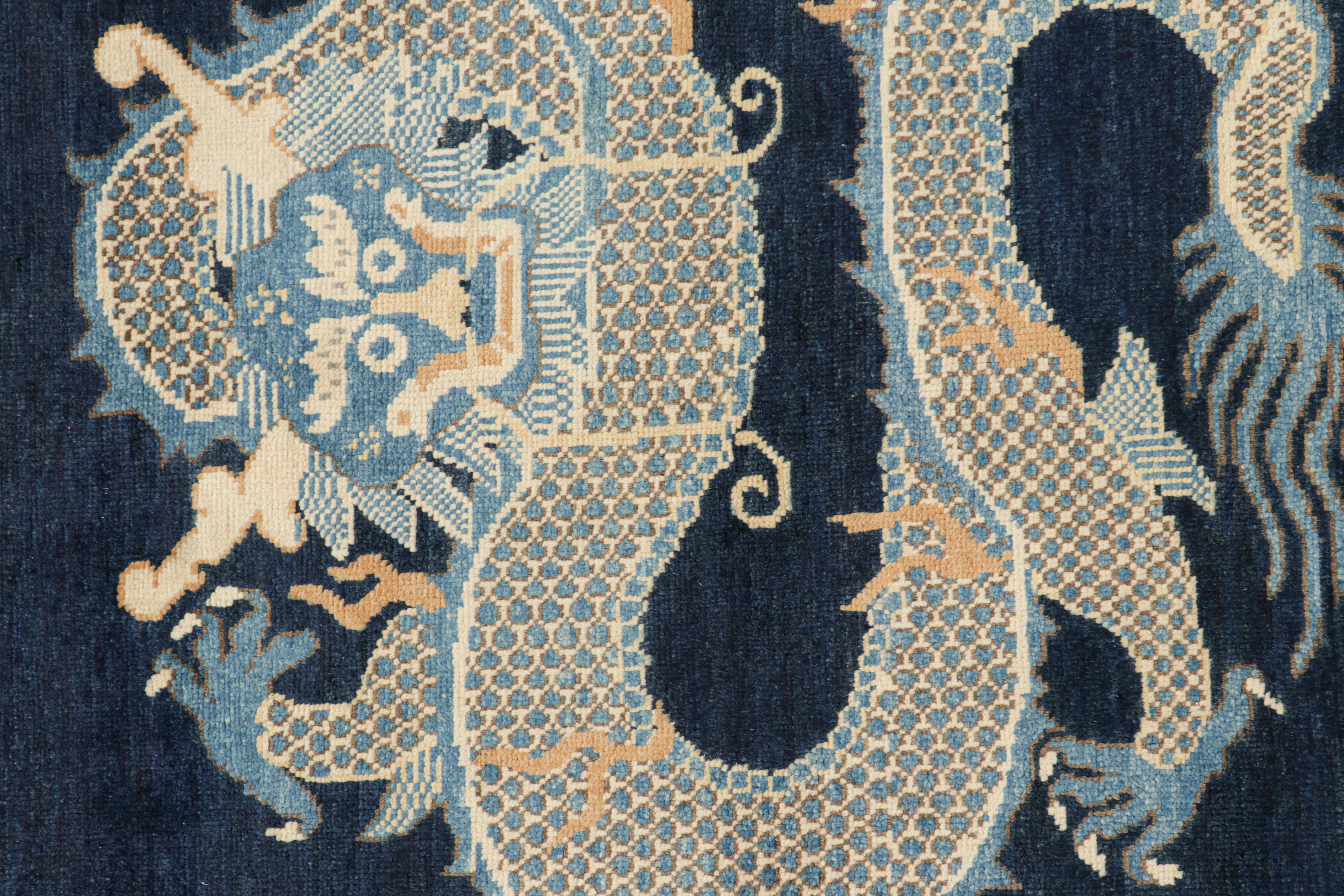 Afghan Rug & Kilim’s Pictorial Dragon Rug in Navy Blue, with Geometric Borders For Sale