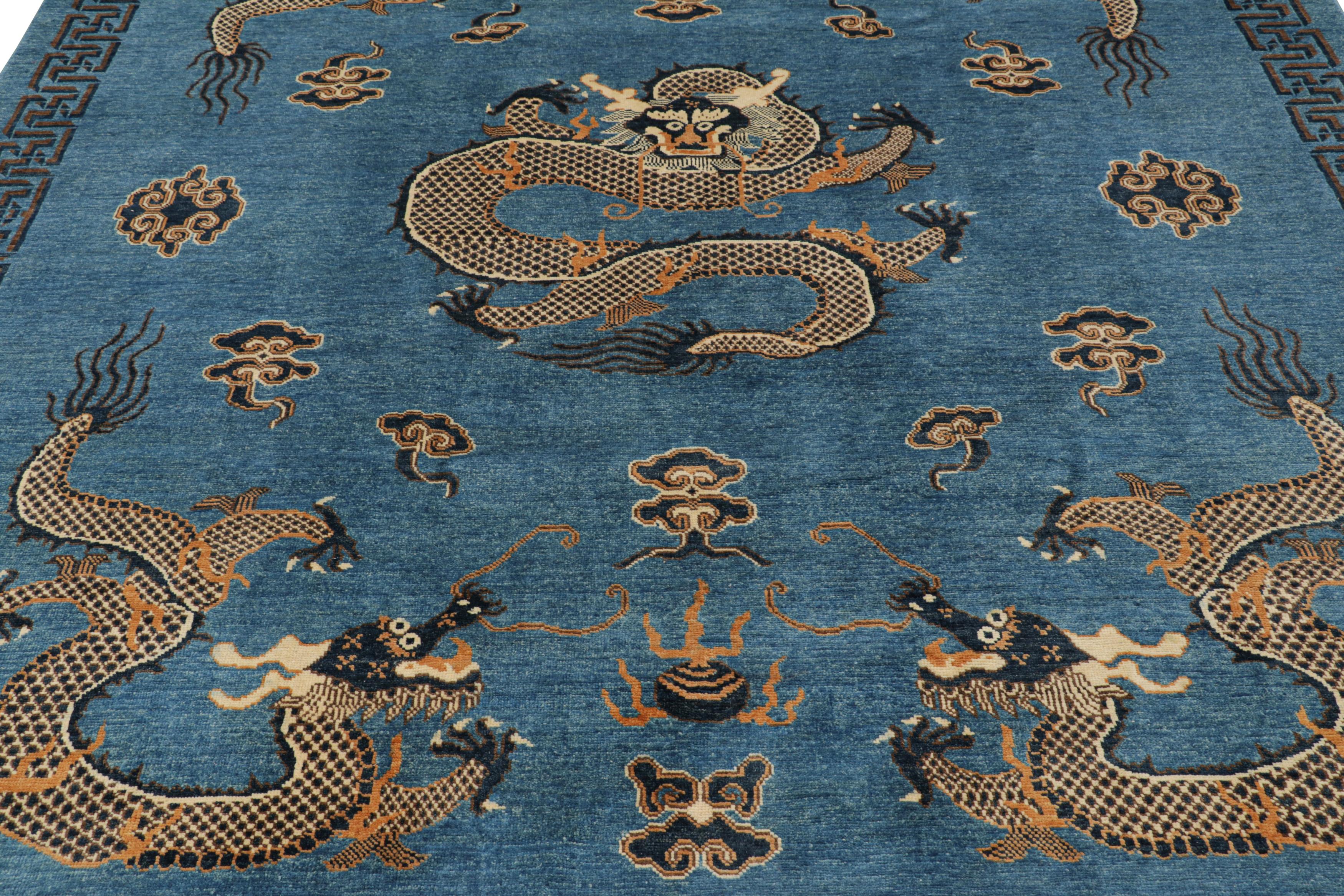 Modern Rug & Kilim’s Pictorial Dragon Rug in Navy Blue, with Geometric Borders For Sale