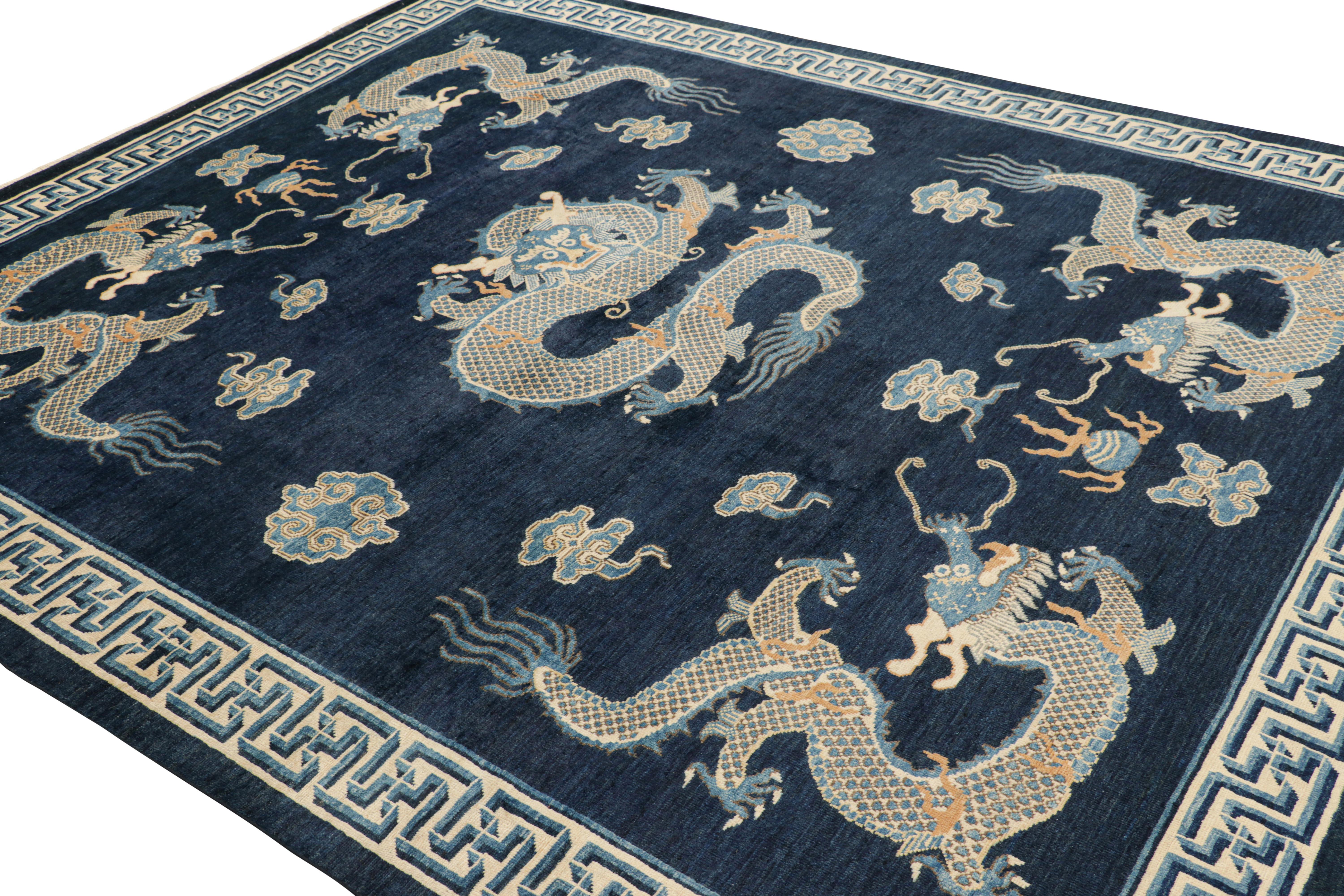 Hand-Knotted Rug & Kilim’s Pictorial Dragon Rug in Navy Blue, with Geometric Borders For Sale