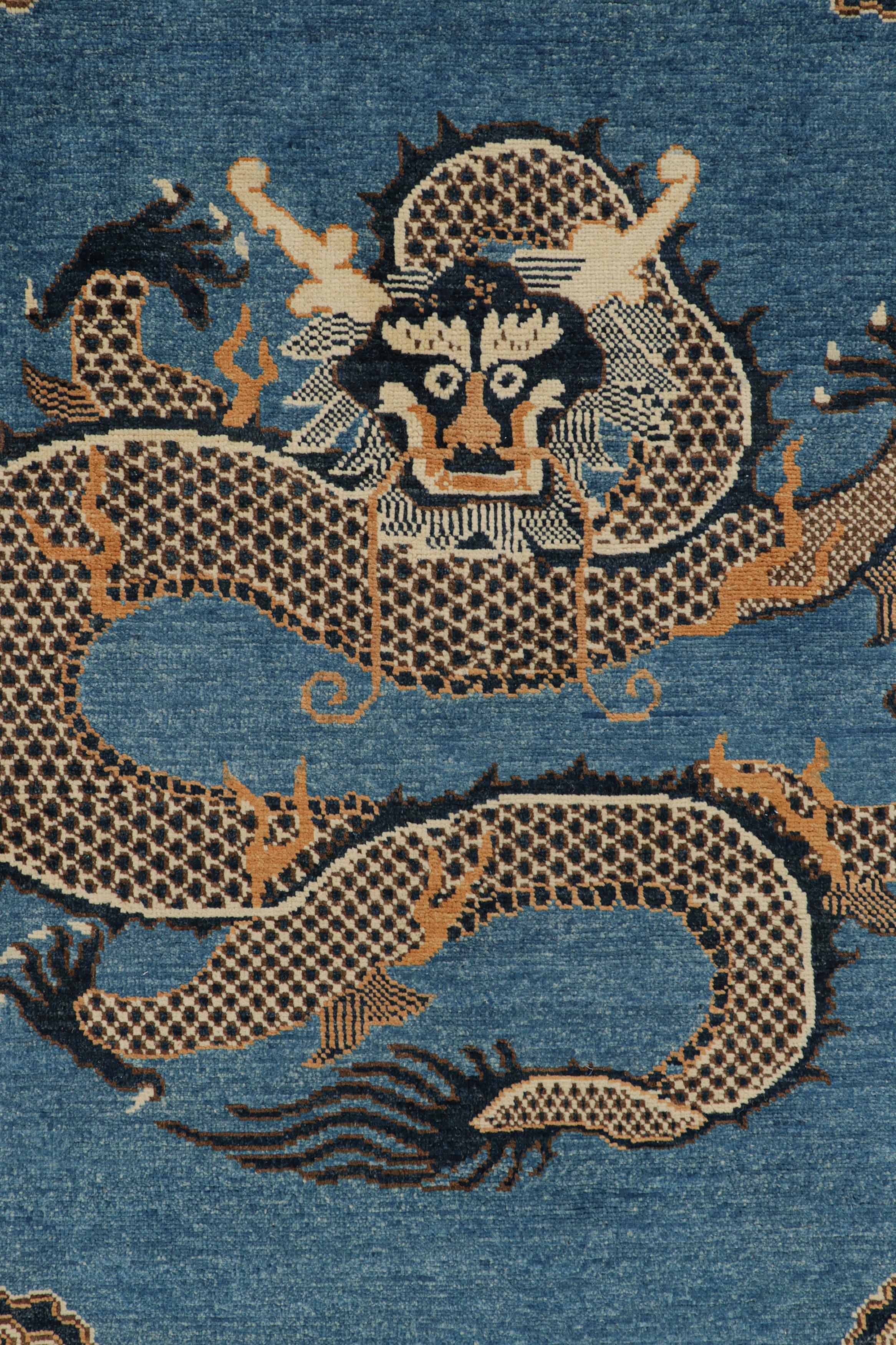Afghan Rug & Kilim’s Pictorial Dragon Rug in Navy Blue, with Geometric Borders For Sale