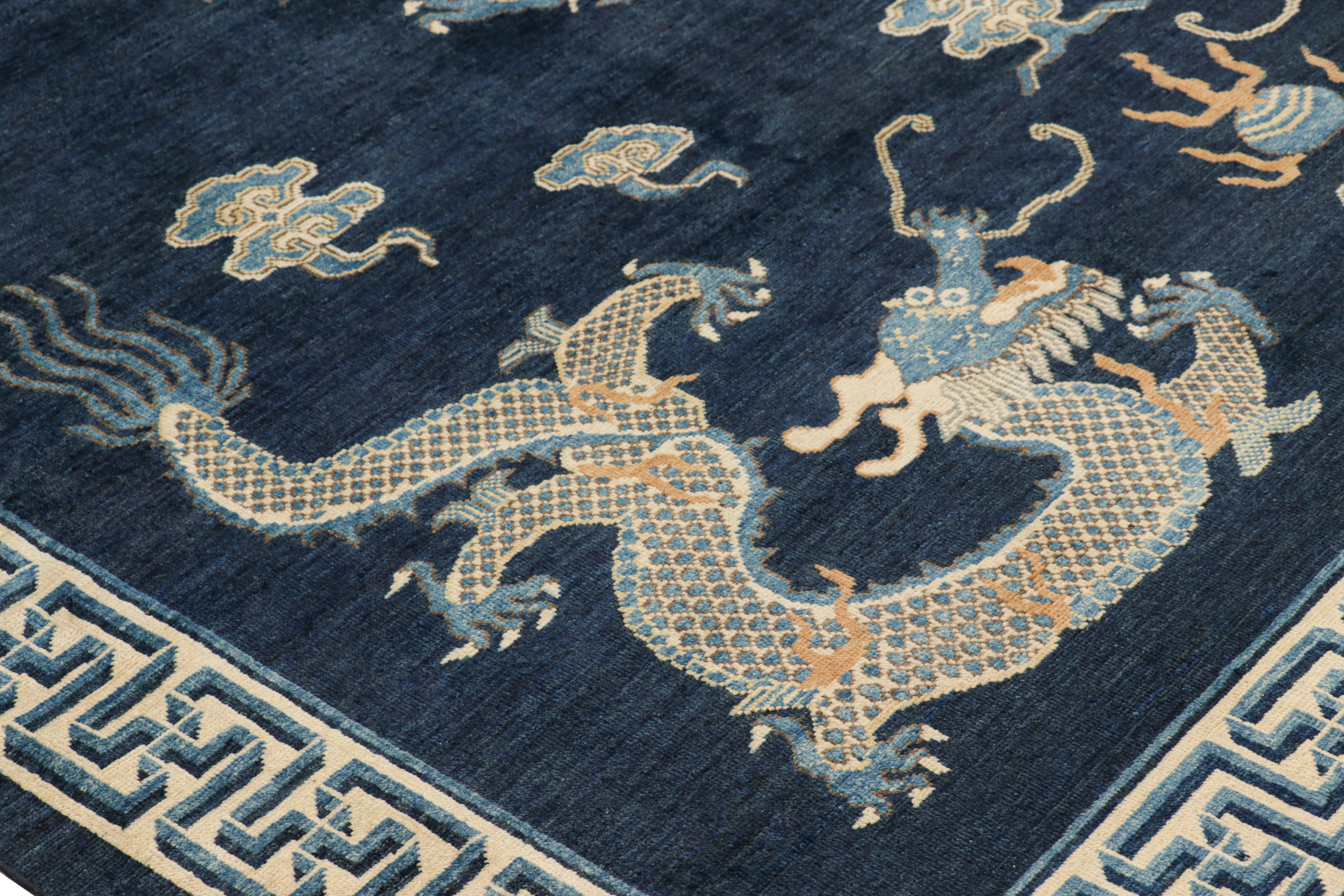 Contemporary Rug & Kilim’s Pictorial Dragon Rug in Navy Blue, with Geometric Borders For Sale