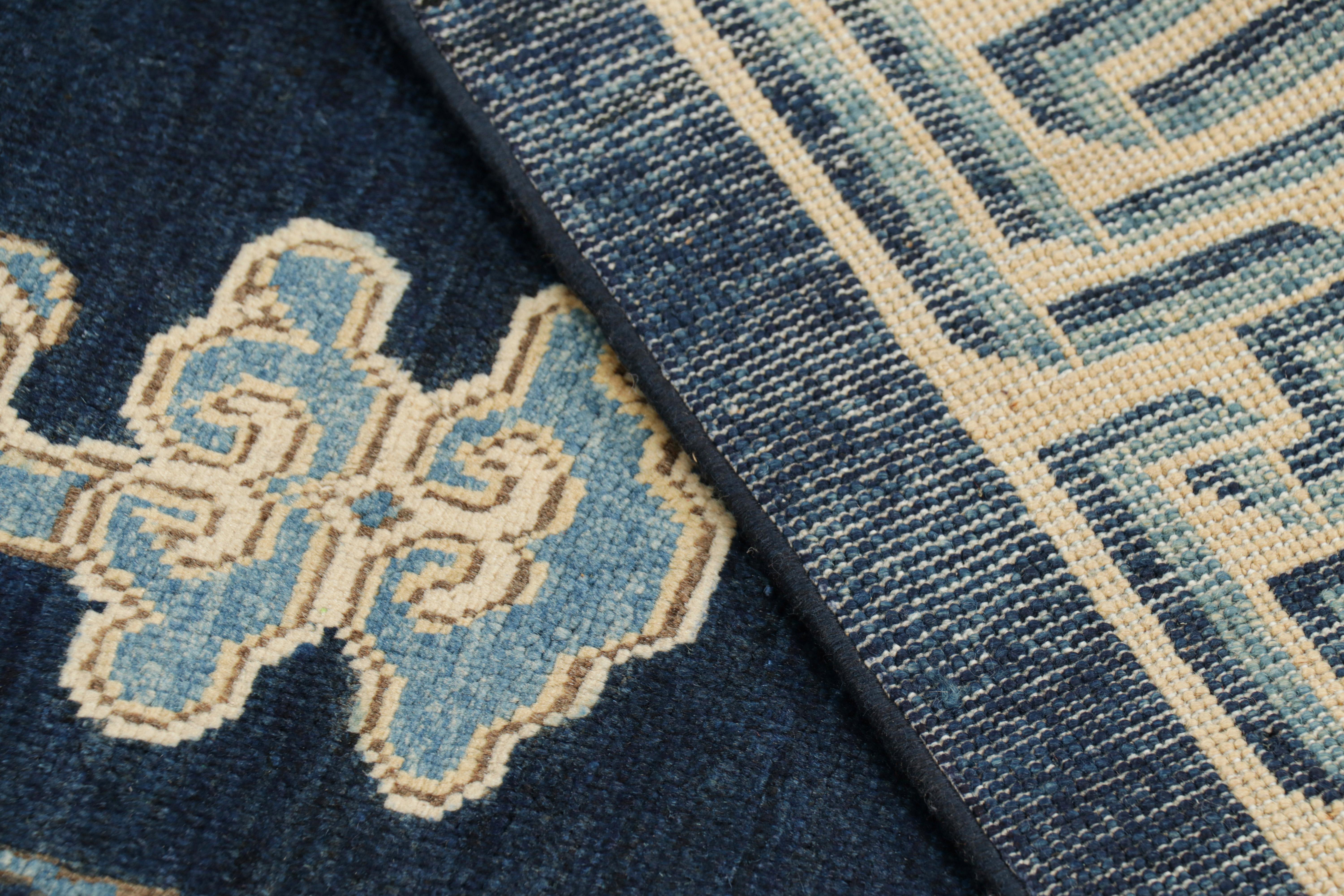 Wool Rug & Kilim’s Pictorial Dragon Rug in Navy Blue, with Geometric Borders For Sale