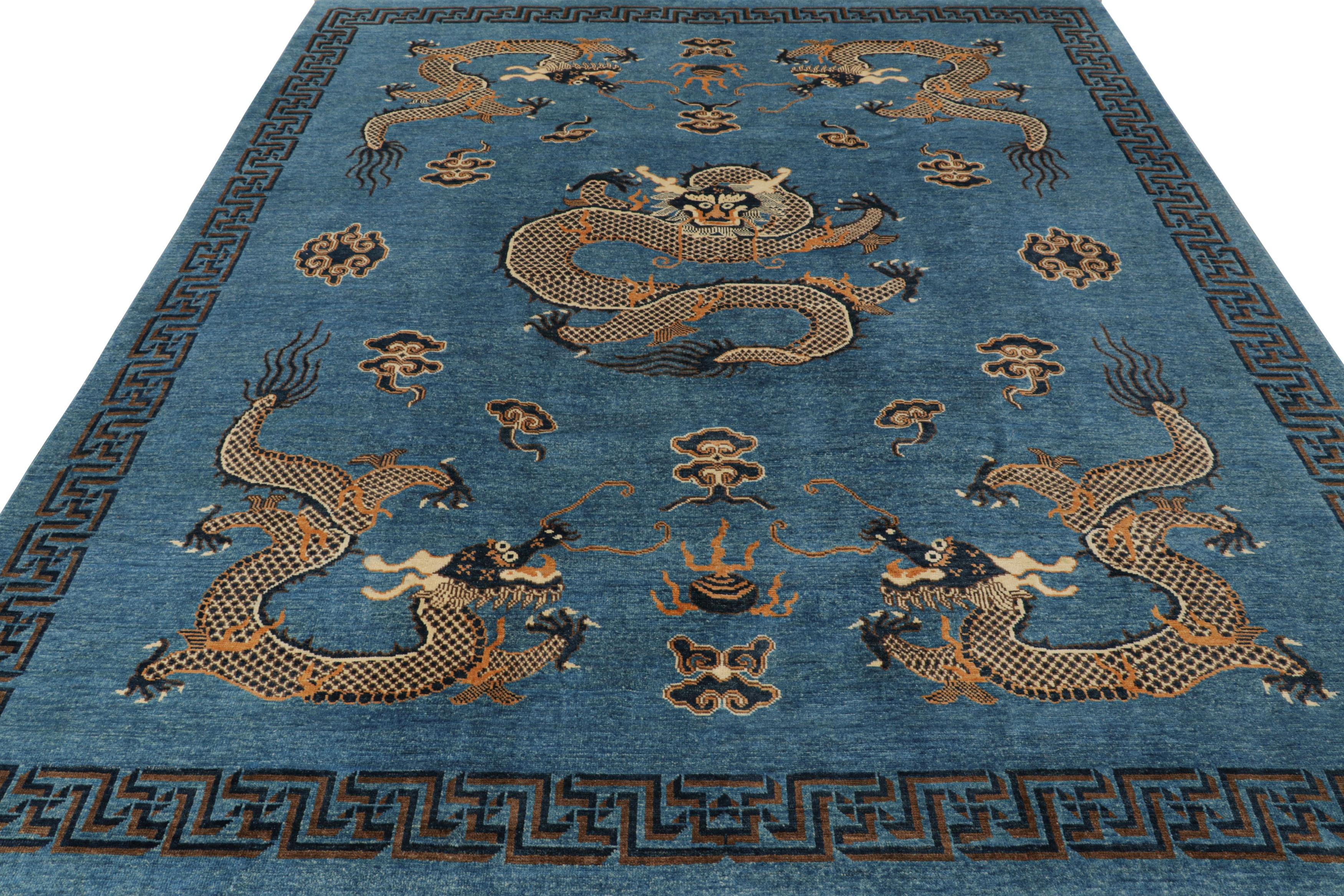 Contemporary Rug & Kilim’s Pictorial Dragon Rug in Navy Blue, with Geometric Borders For Sale