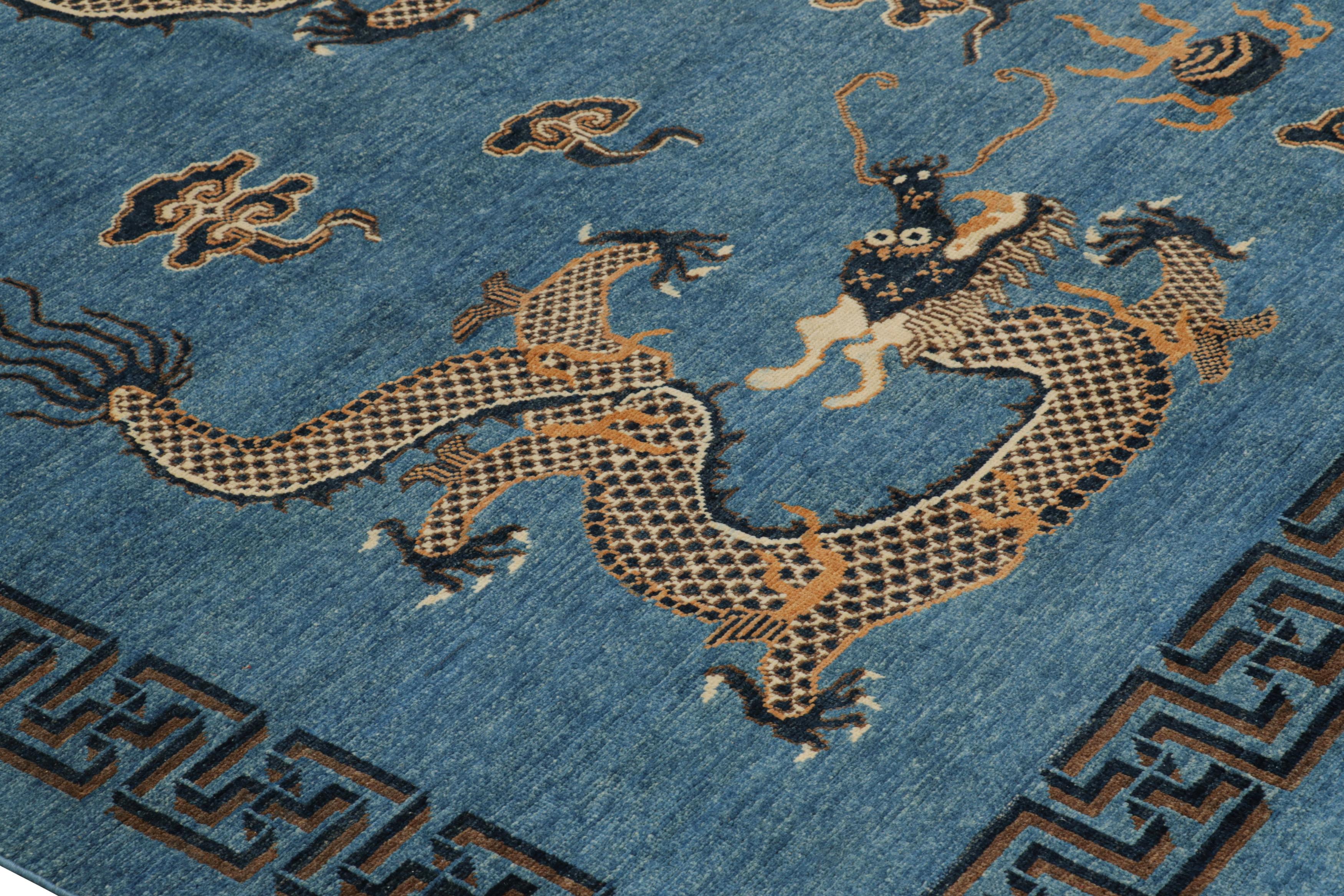 Wool Rug & Kilim’s Pictorial Dragon Rug in Navy Blue, with Geometric Borders For Sale