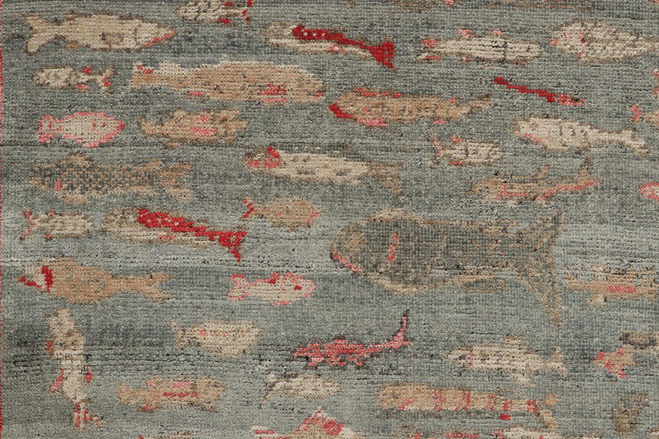 Rug & Kilim’s Pictorial Style runner in Blue, Beige and Red Fish Patterns In New Condition For Sale In Long Island City, NY