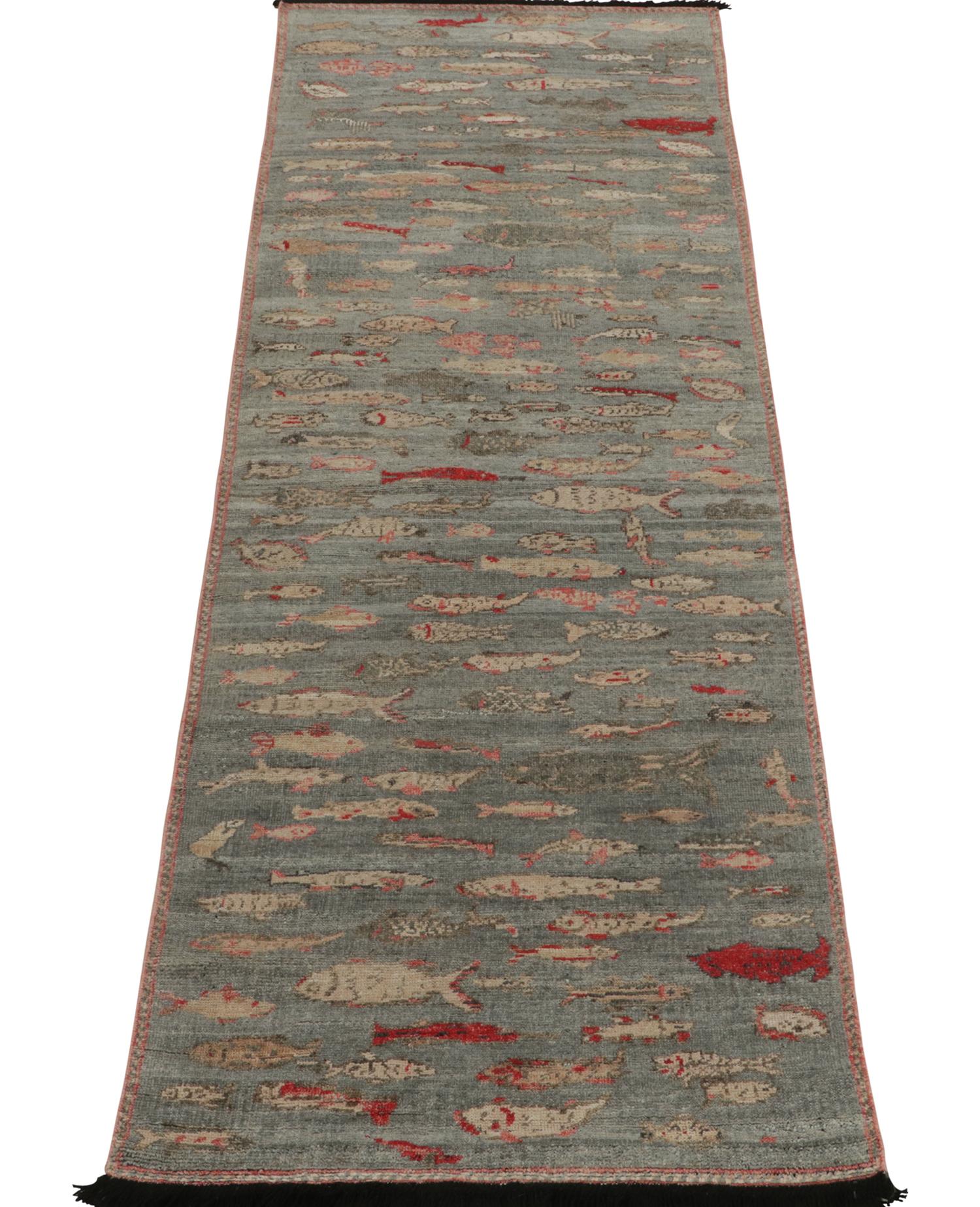 Mid-Century Modern Rug & Kilim’s Pictorial Style runner in Blue, Beige and Red Fish Patterns For Sale