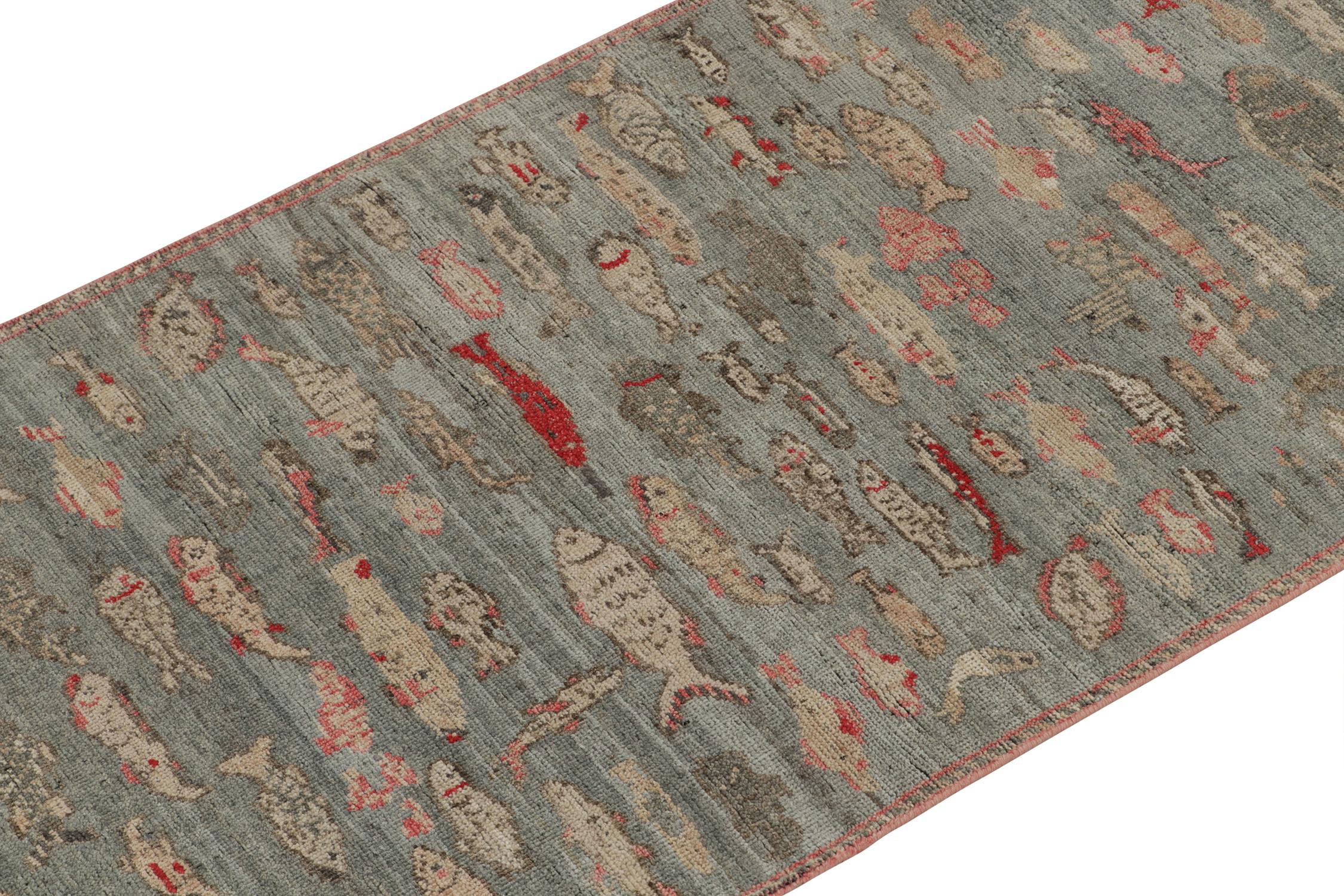 Indian Rug & Kilim’s Pictorial Style runner in Blue, Beige and Red Fish Patterns For Sale