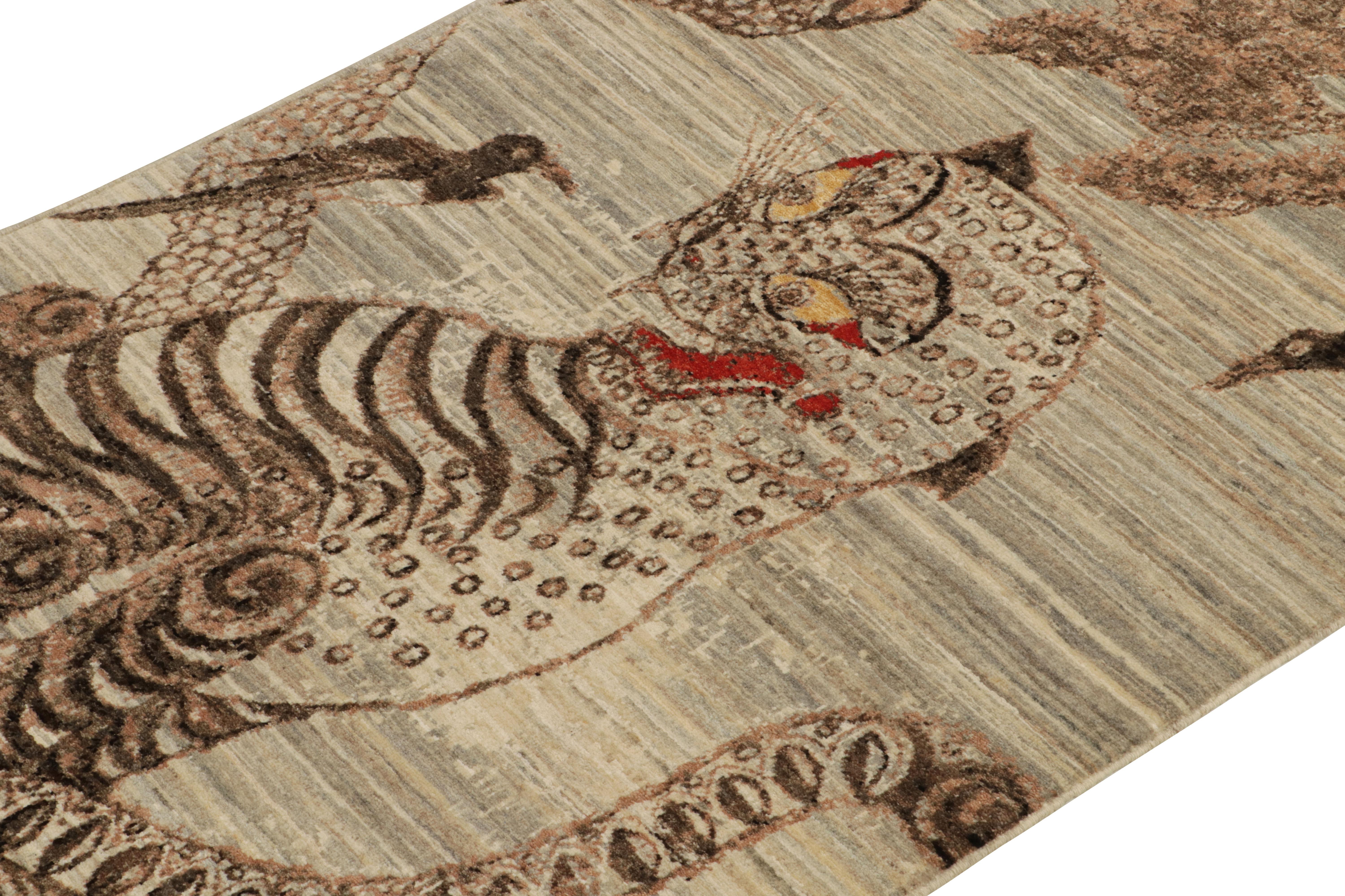 Hand-Knotted Rug & Kilim’s Pictorial Tiger Rug in Beige-Brown, Gray and Red For Sale