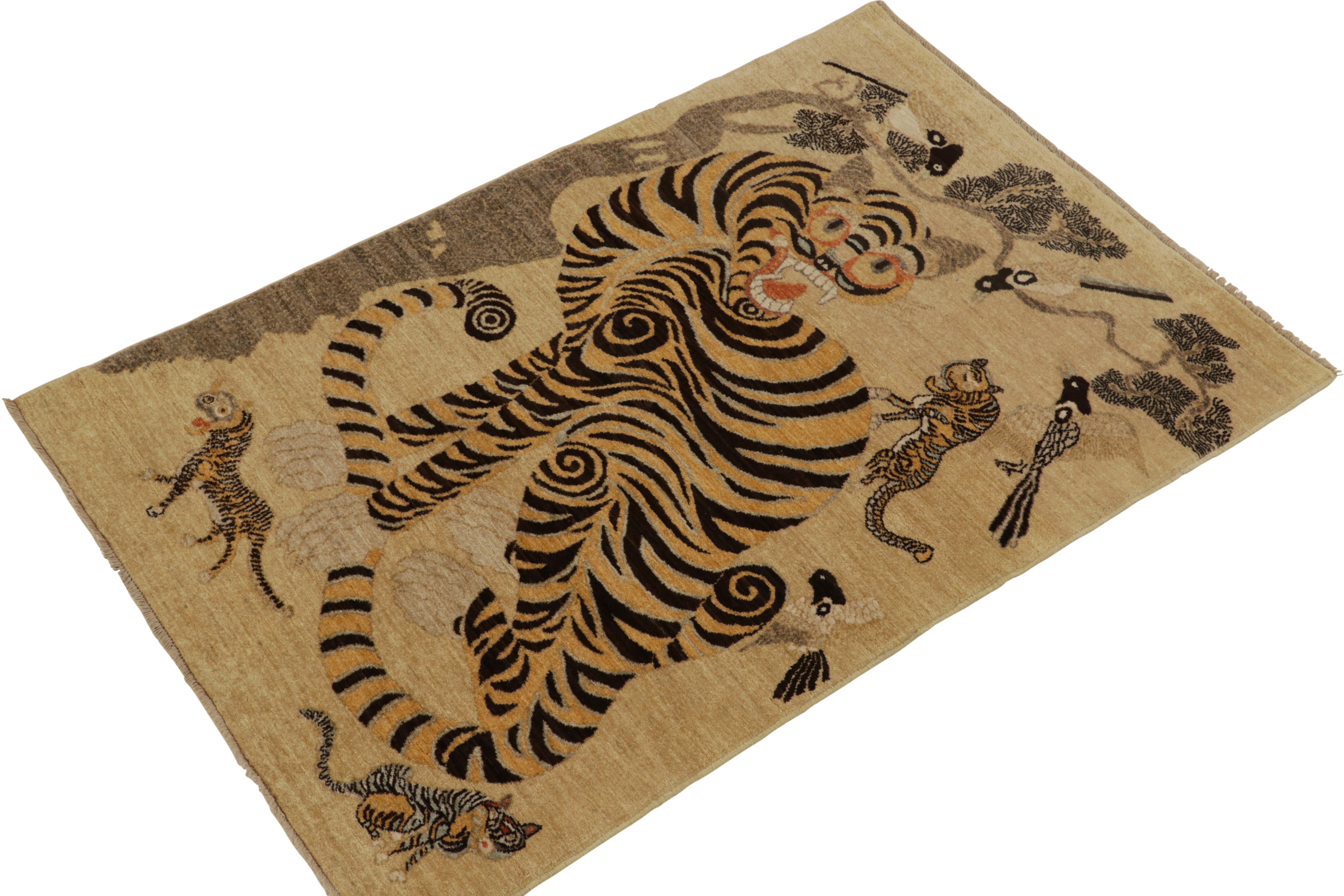 Hand knotted in wool, Rug & Kilim presents this 4x5 addition to the team’s classically inspired Tigers Collection. 

On the Design: This particular work is among those influenced by seldom-seen folk art drawings believed to have never been adapted