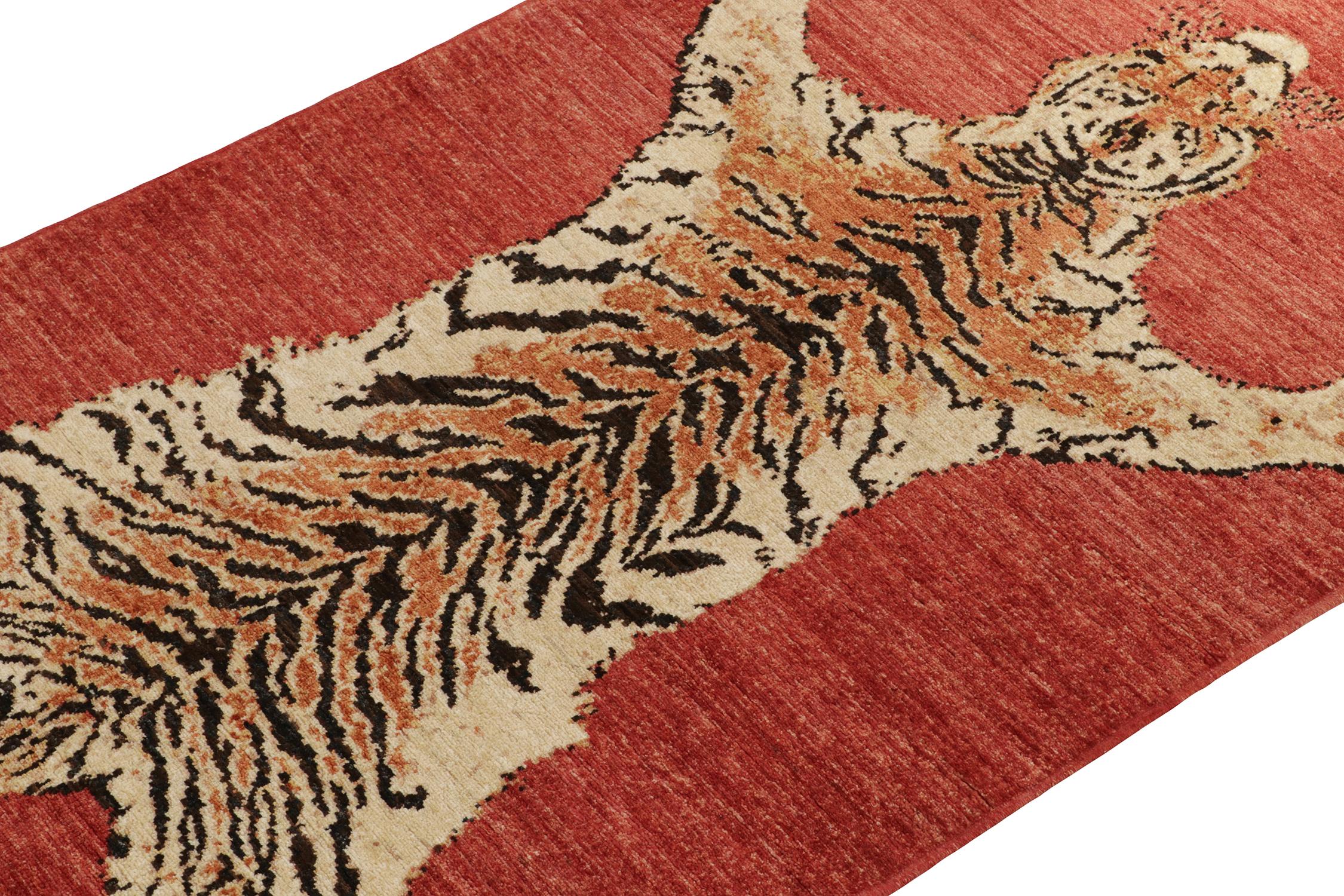 Tribal Rug & Kilim’s Pictorial Tiger Skin Rug in Red, Beige-Brown and Orange