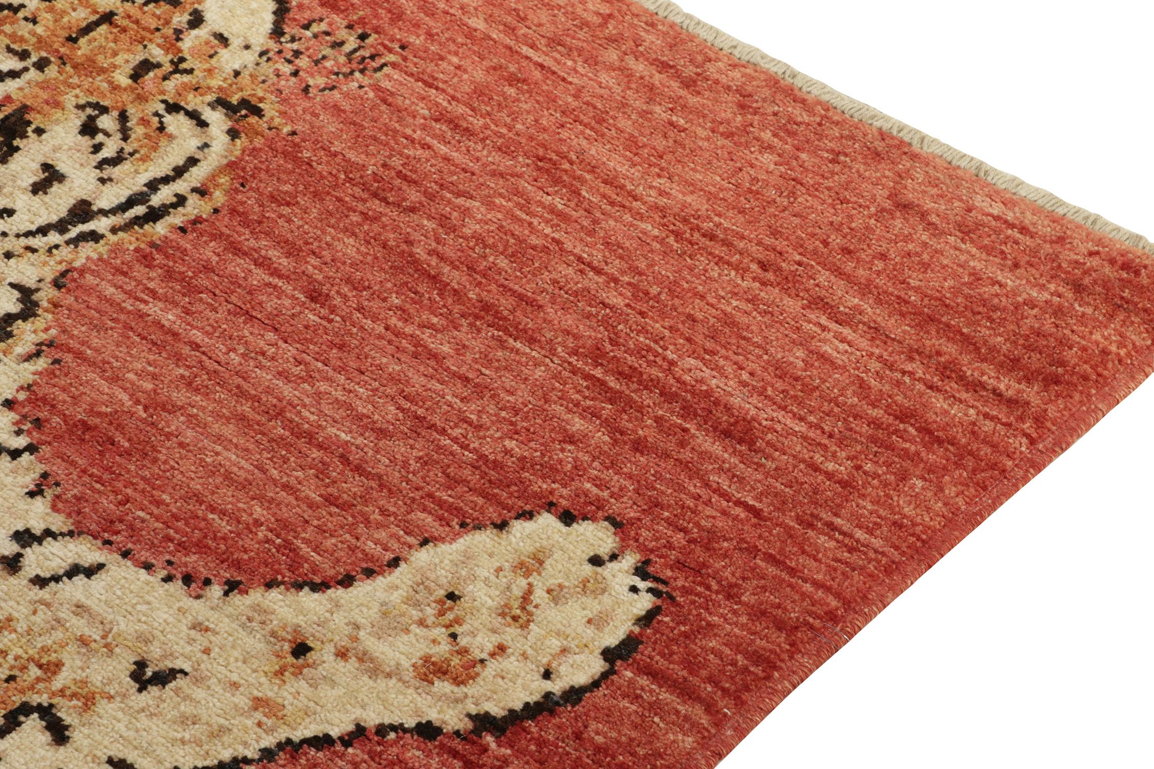 Afghan Rug & Kilim’s Pictorial Tiger Skin Rug in Red, Beige-Brown and Orange