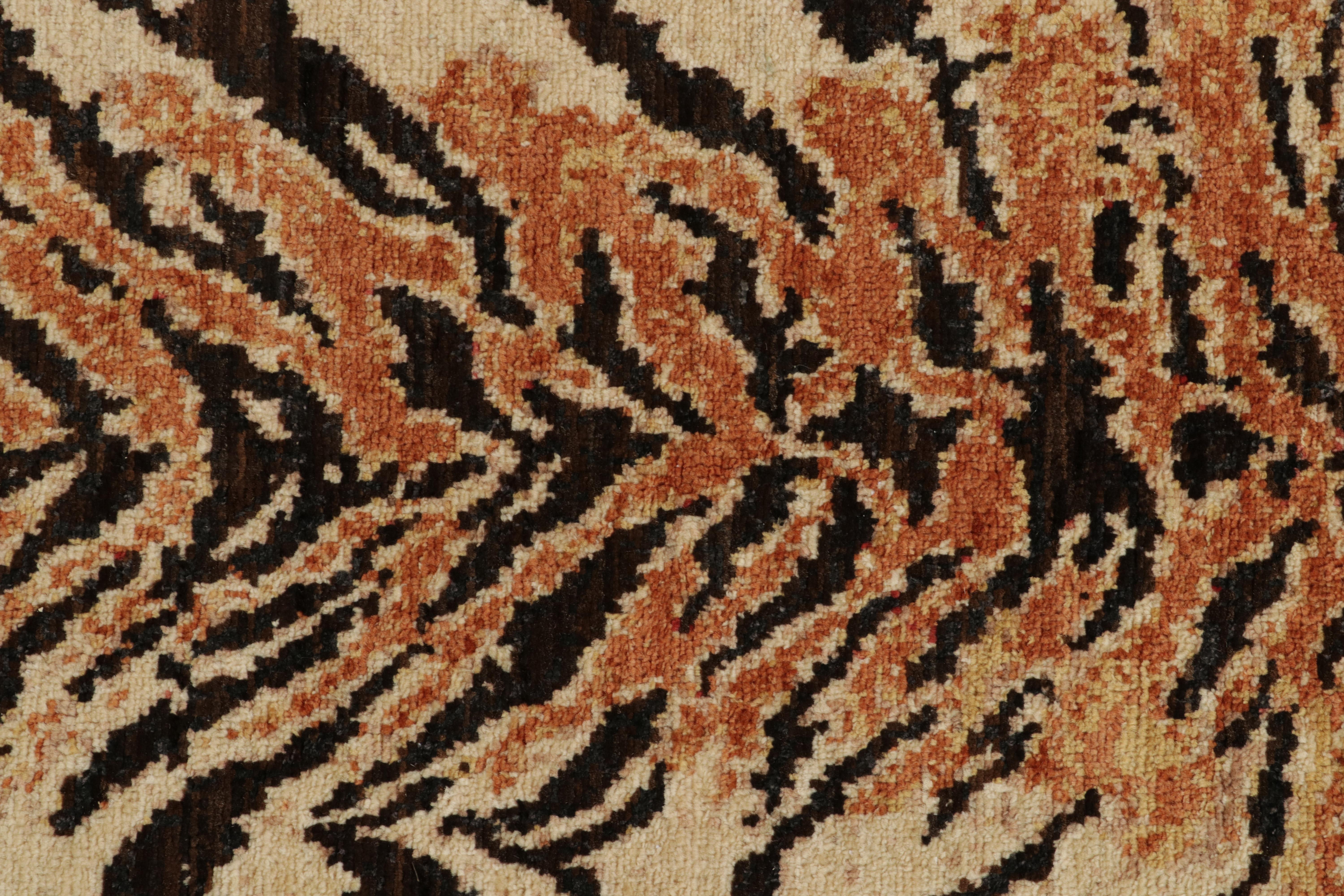 Hand-Knotted Rug & Kilim’s Pictorial Tiger Skin Rug in Red, Beige-Brown and Orange