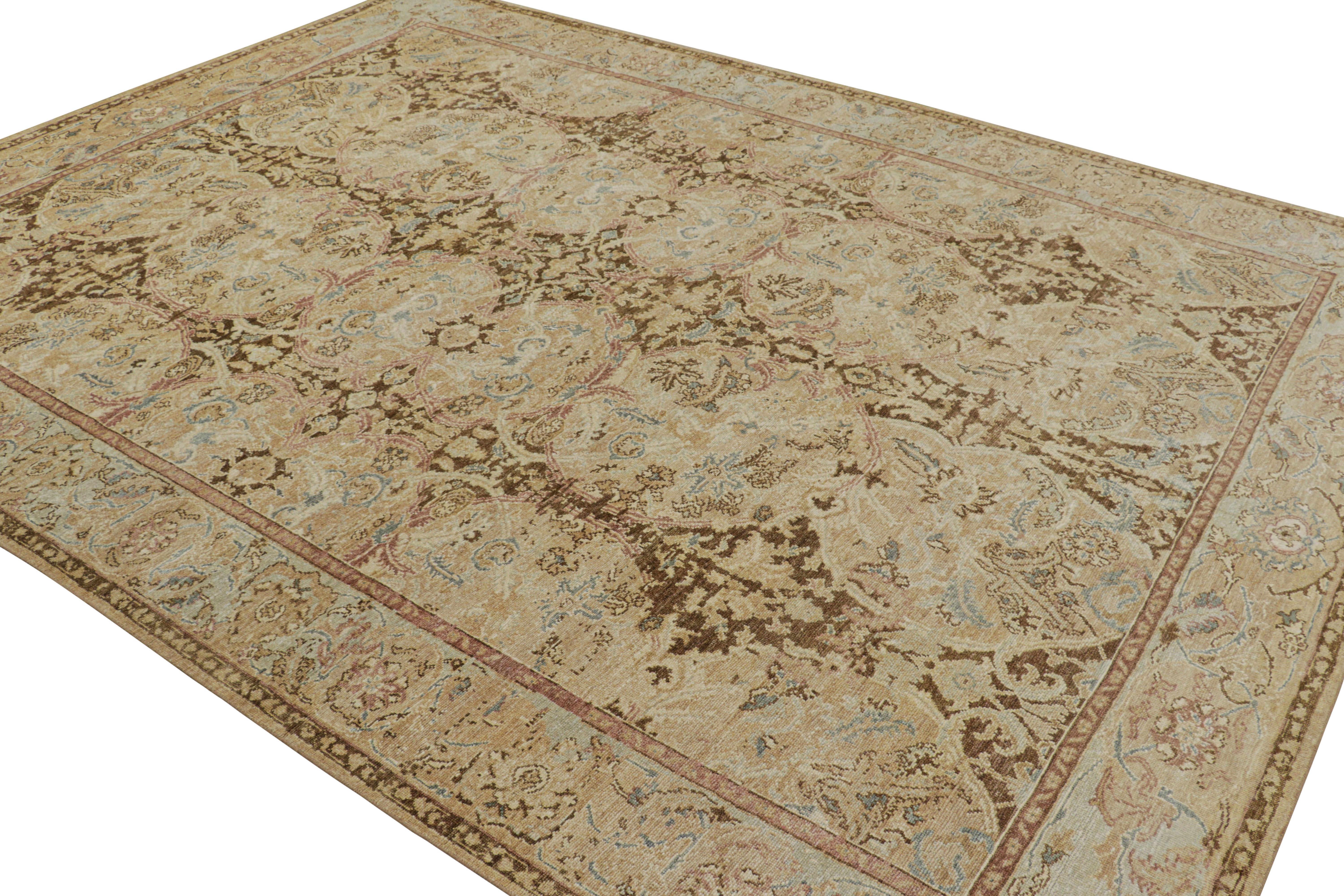Indian Rug & Kilim’s Polonaise Style Rug in Beige-Brown and Blue with Floral Patterns For Sale