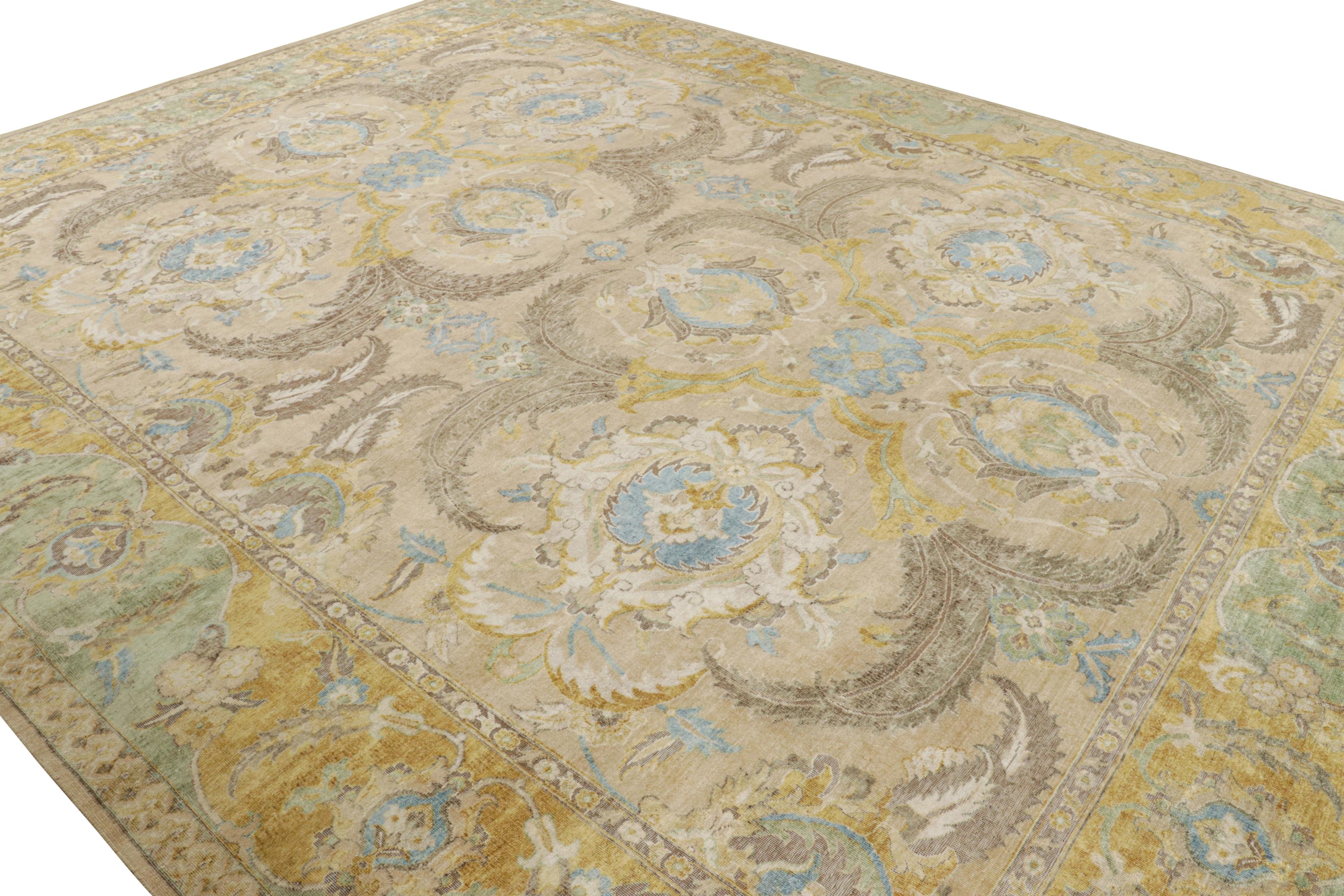 Indian Rug & Kilim’s Polonaise Style rug in Beige with Gold and Blue Floral Patterns For Sale