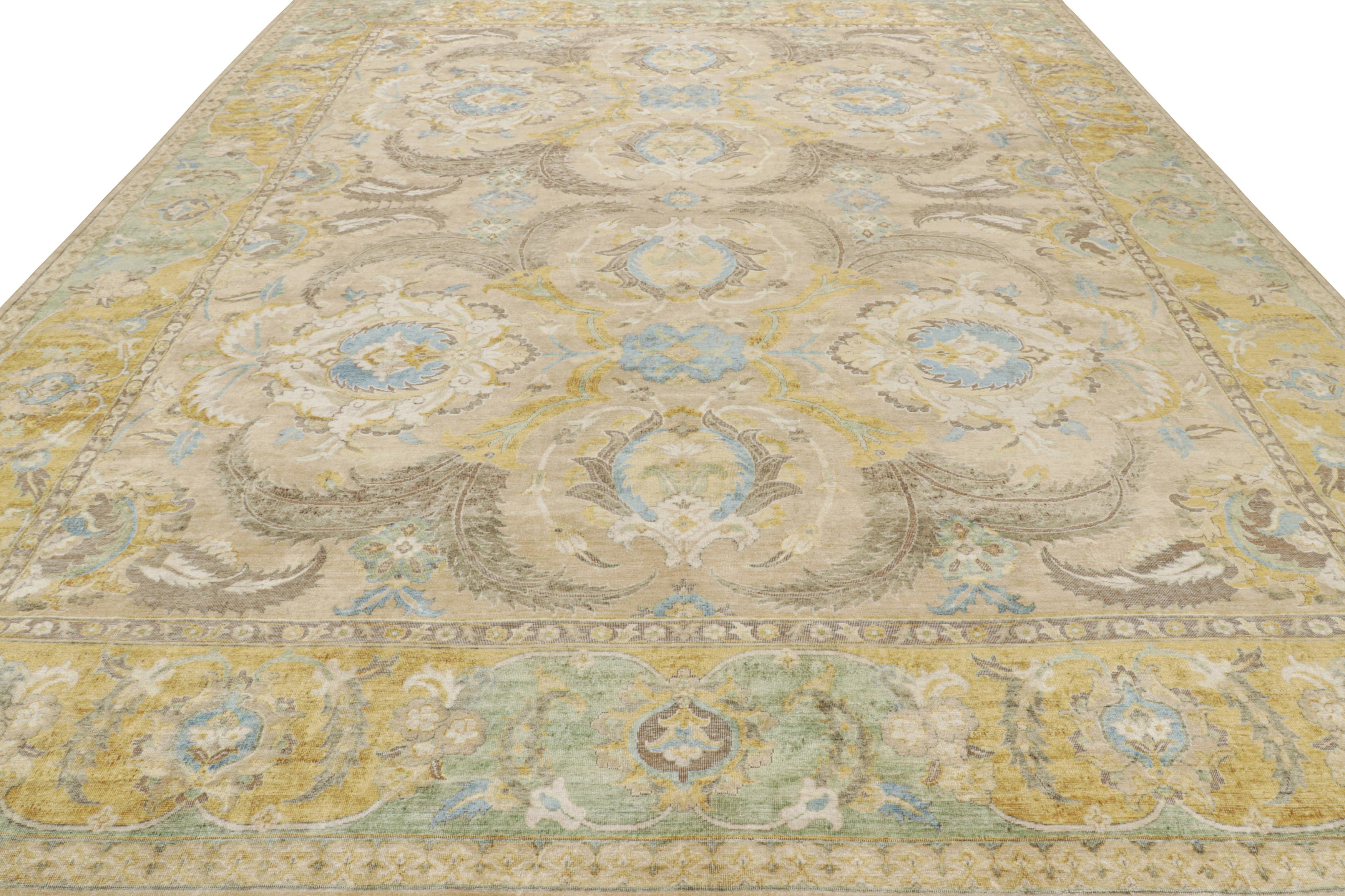 Hand-Knotted Rug & Kilim’s Polonaise Style rug in Beige with Gold and Blue Floral Patterns For Sale