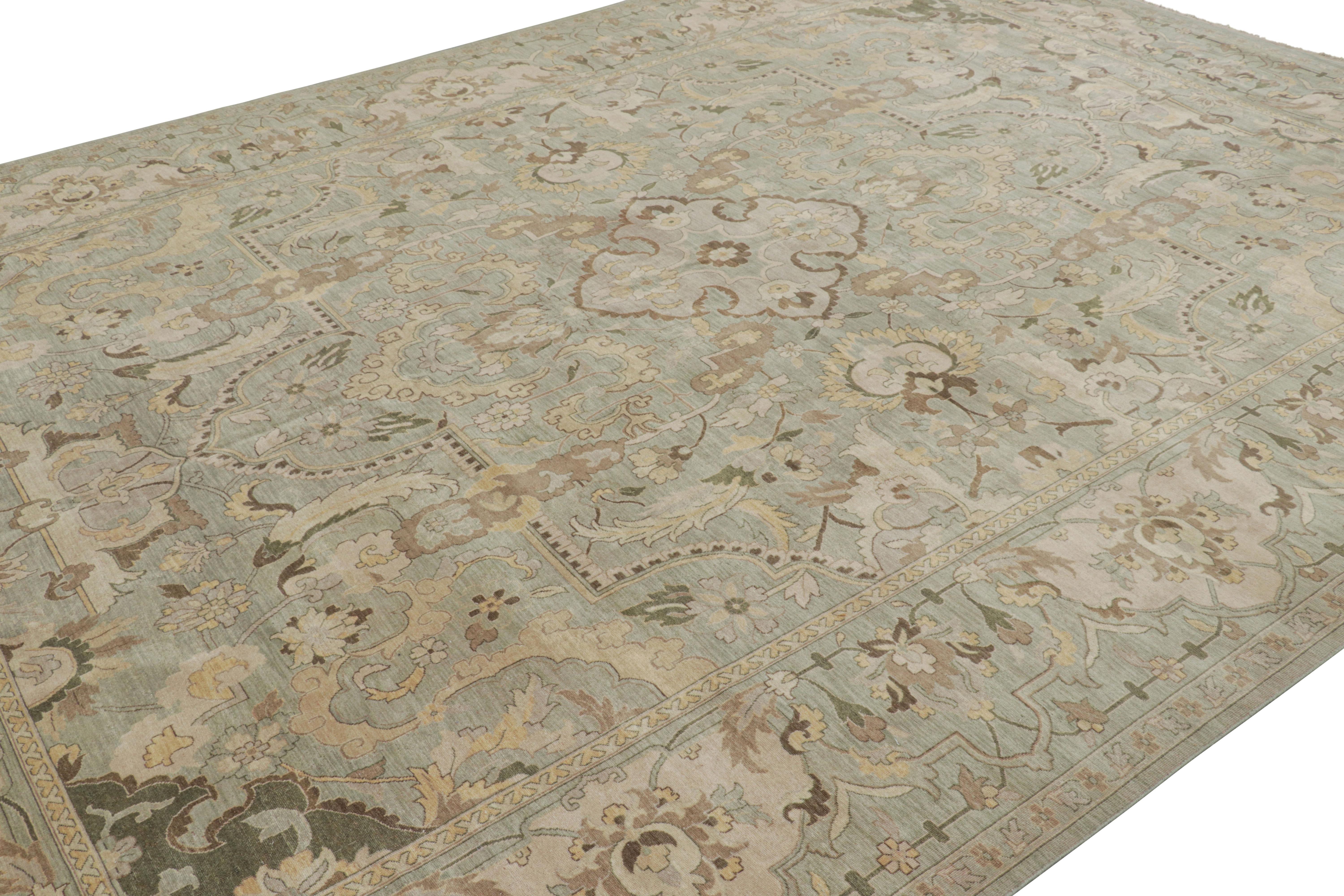 Hand-knotted in wool, this 10x14 modern Polonaise rug originating from Nepal is inspired by a particularly celebrated provenance of rare rugs known for these large-scale medallions of an interesting design marriage. 

On the design: 

Admirers of