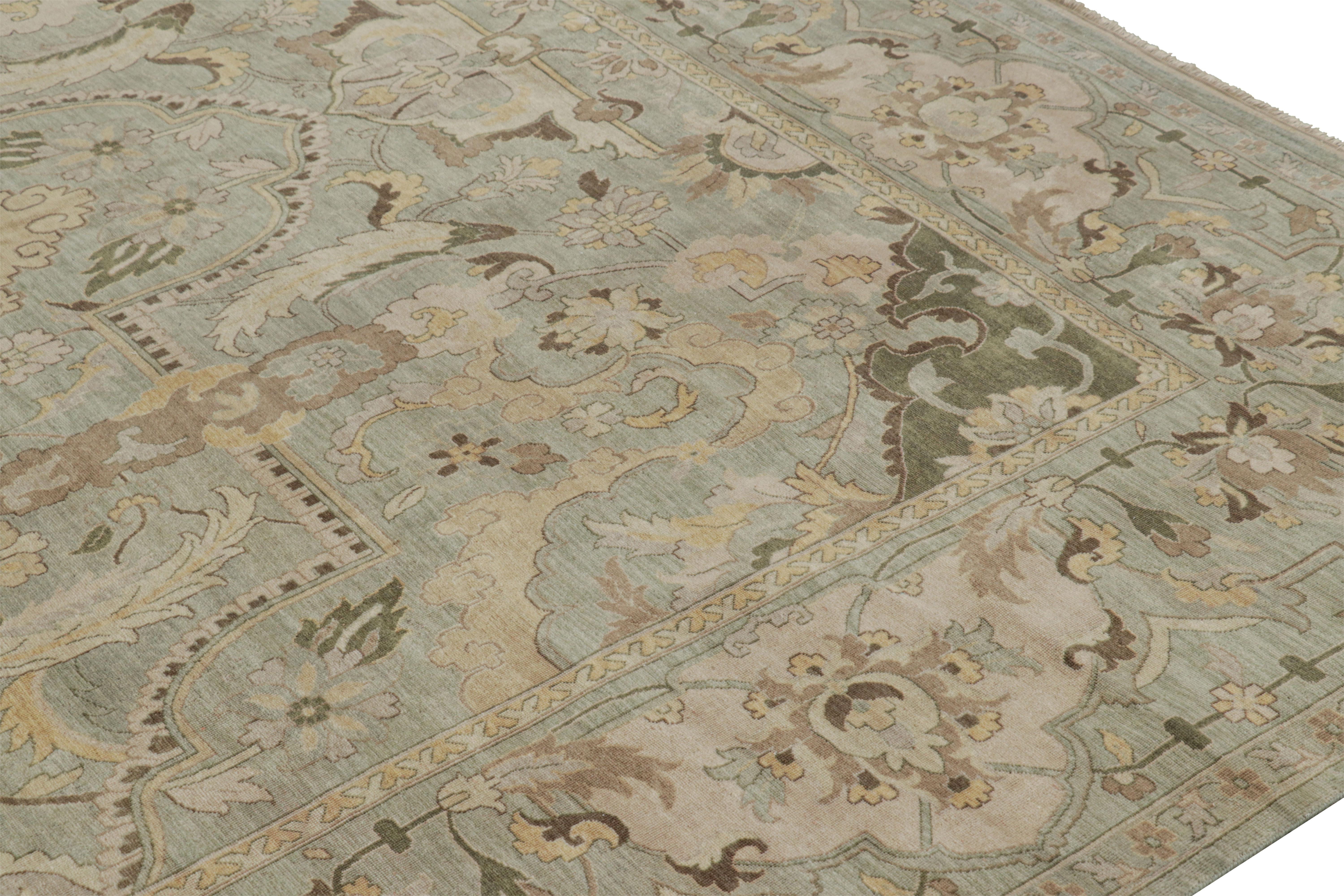 Nepalese Rug & Kilim’s Polonaise Style Rug in Light Green with Floral Medallions For Sale
