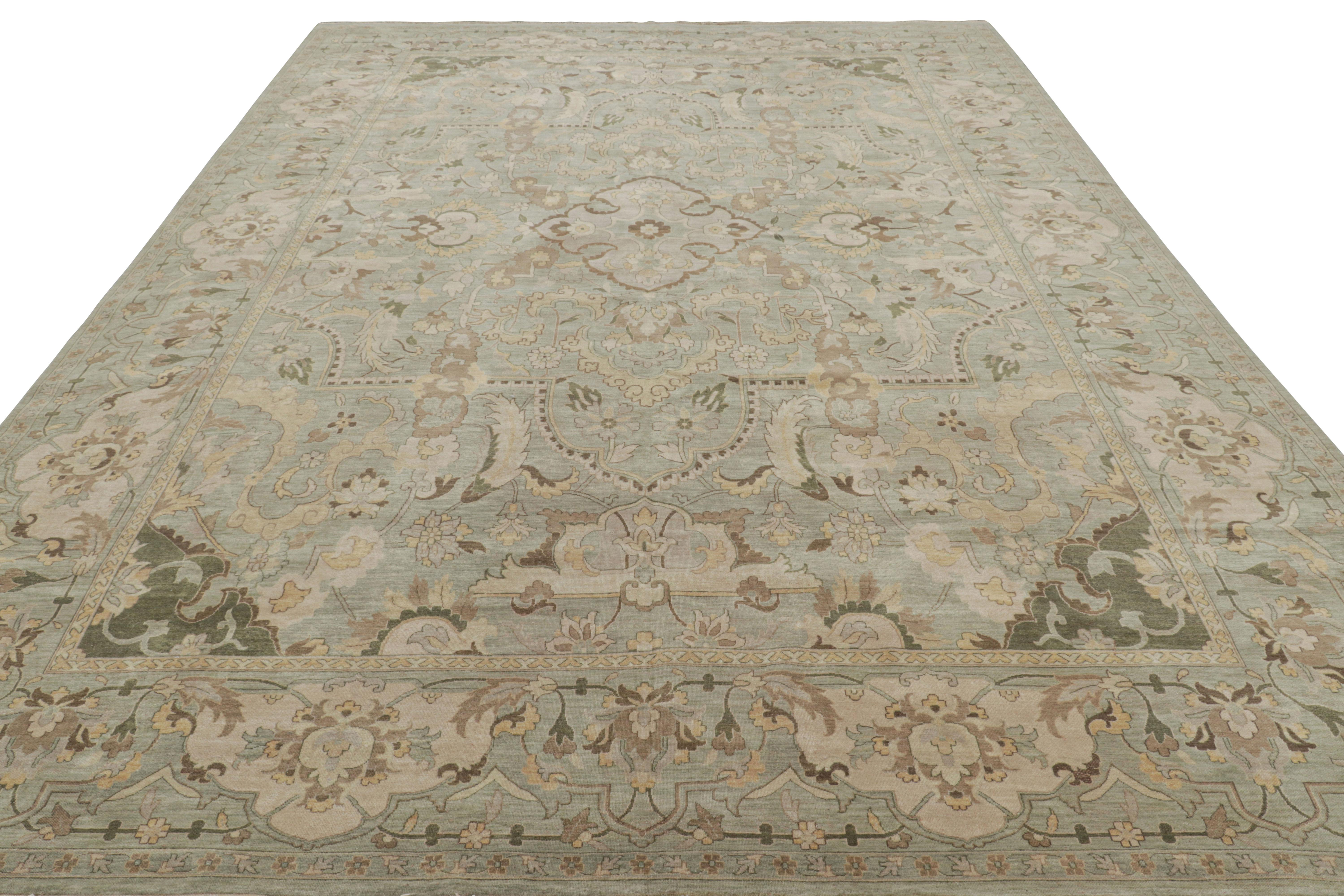 Hand-Knotted Rug & Kilim’s Polonaise Style Rug in Light Green with Floral Medallions For Sale