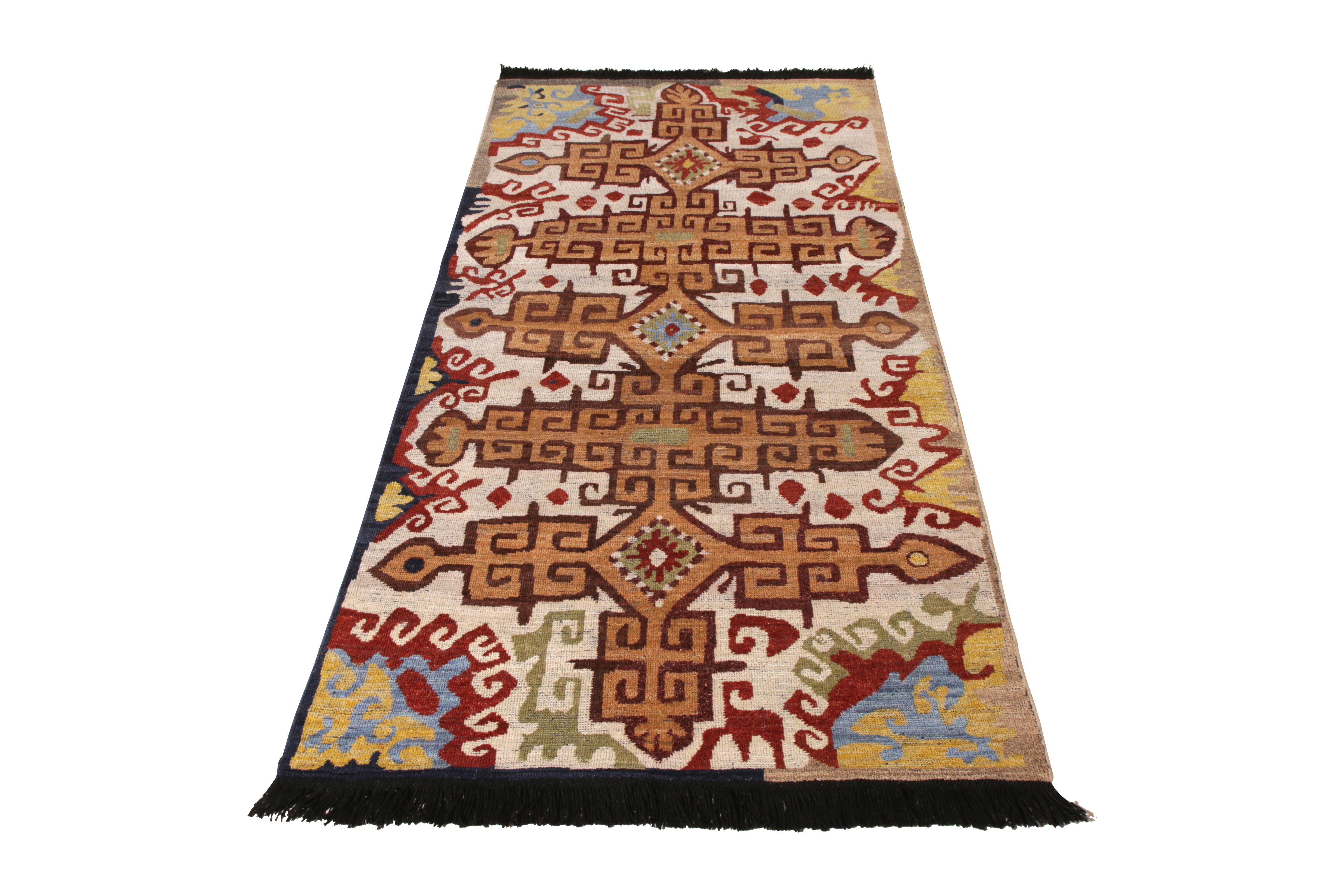 A 3 x 8 rug from the Burano Collection by Rug & Kilim, recapturing classic inspirations like that of this homage to Russian textile patterns. Hand knotted in notably soft Ghazni wool, a play of rich and lively hues beside orange and beige-brown with