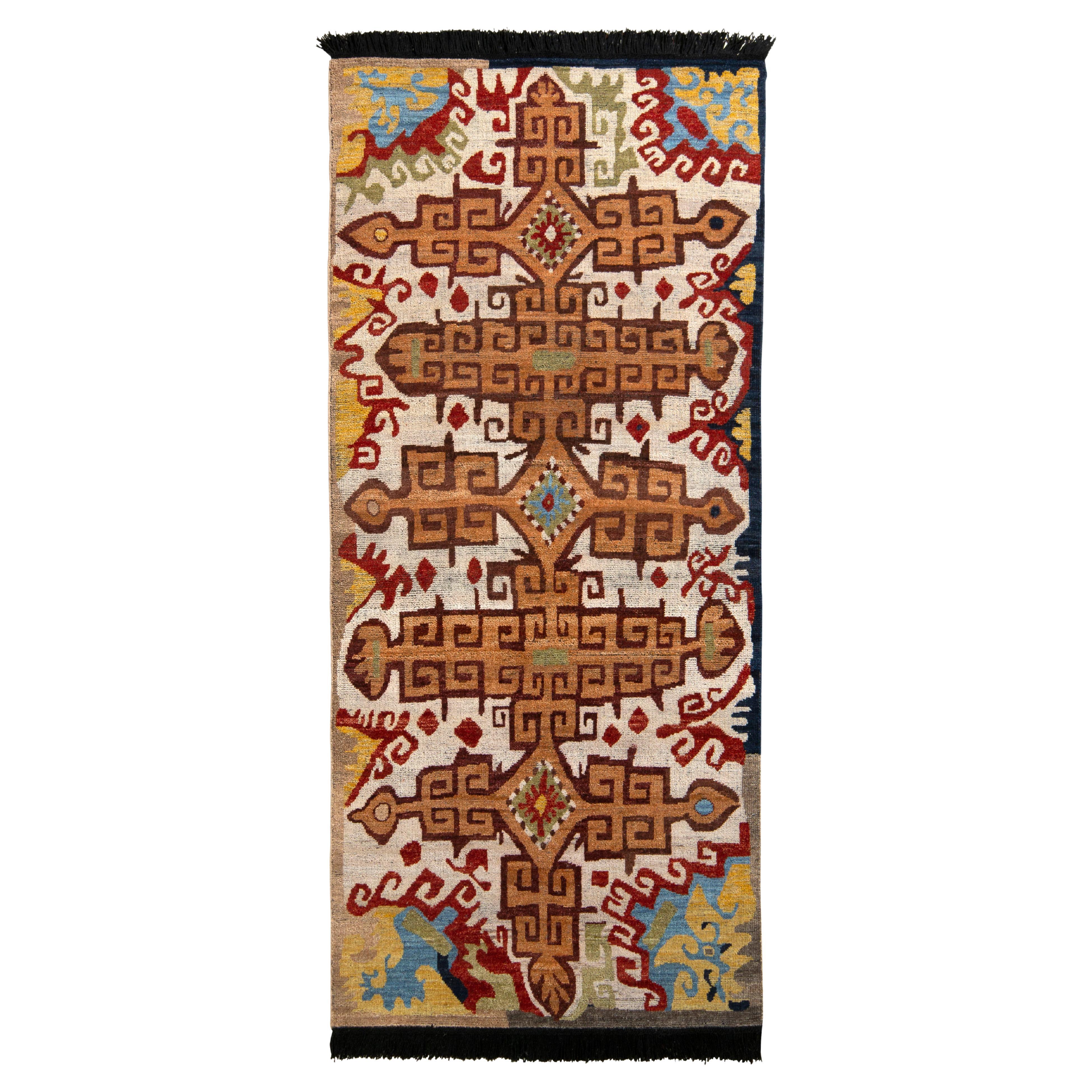 Rug & Kilim’s Russian Style Rug in Orange and Beige Brown Tribal Pattern For Sale