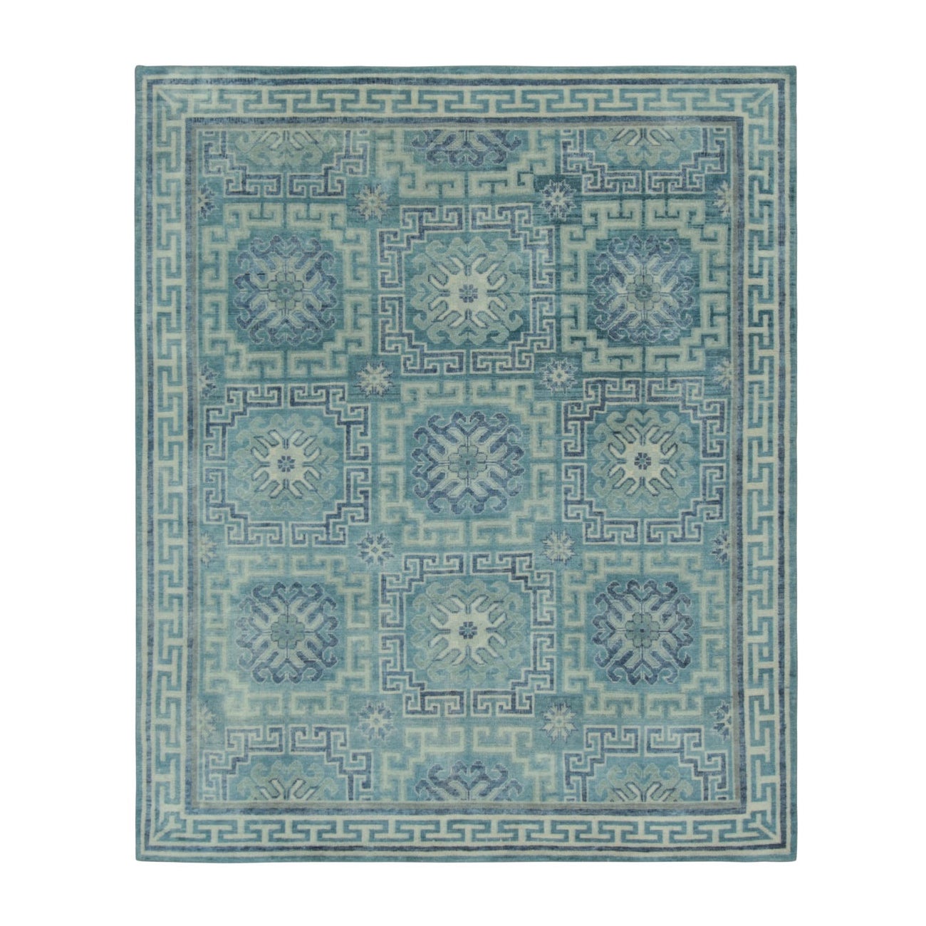 Rug 
Kilim
s Samarkand-inspirierter Teppich, griechische Schlüssel und Medaillons in kühlem Blau