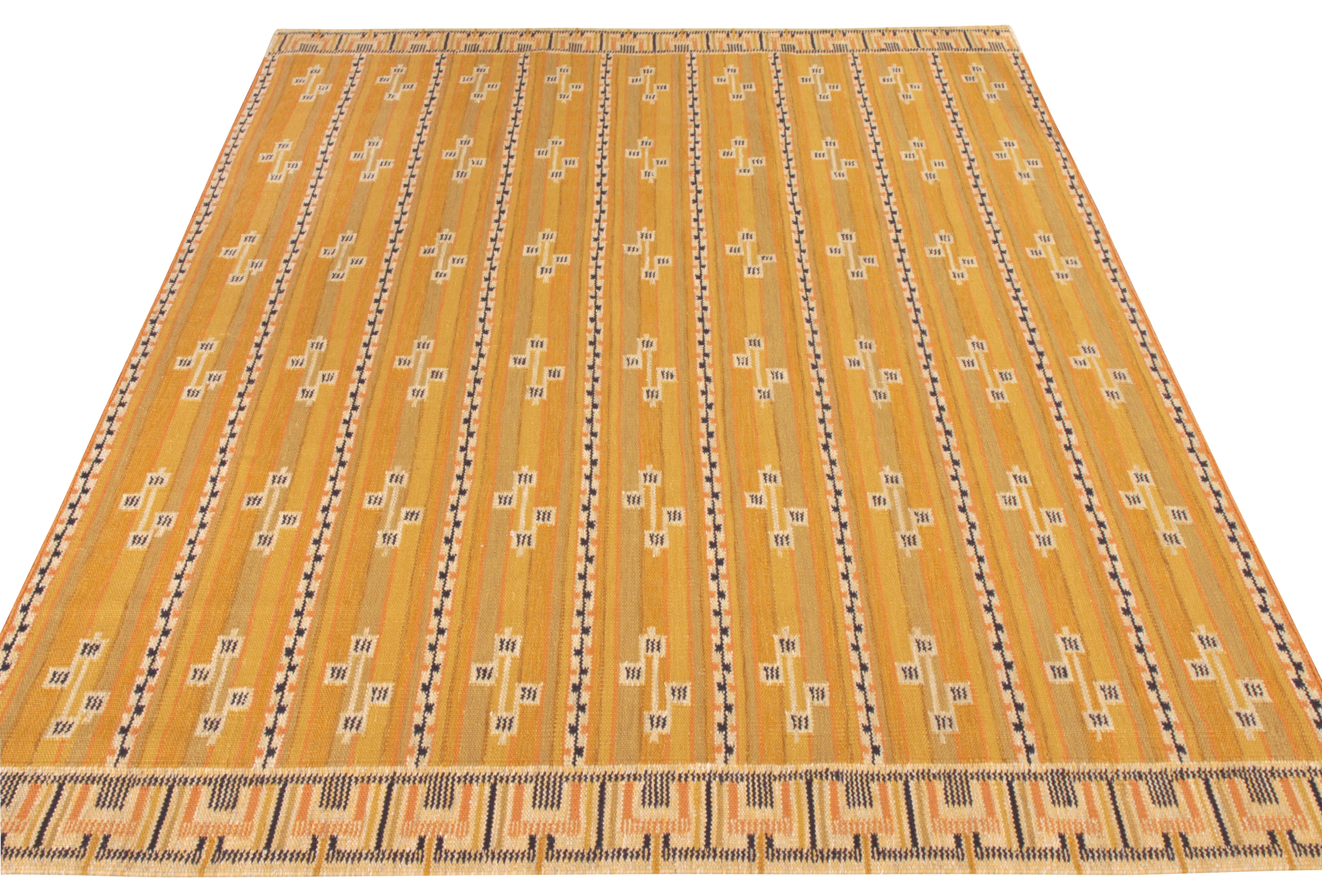 This 9 x 12 Scandinavian Kilim rug representing the latest edition of an award-winning design from Rug & Kilim’s titular collection. A sophisticated rendition that features a stripe design alternated by symmetrical vertical patterns enjoys a