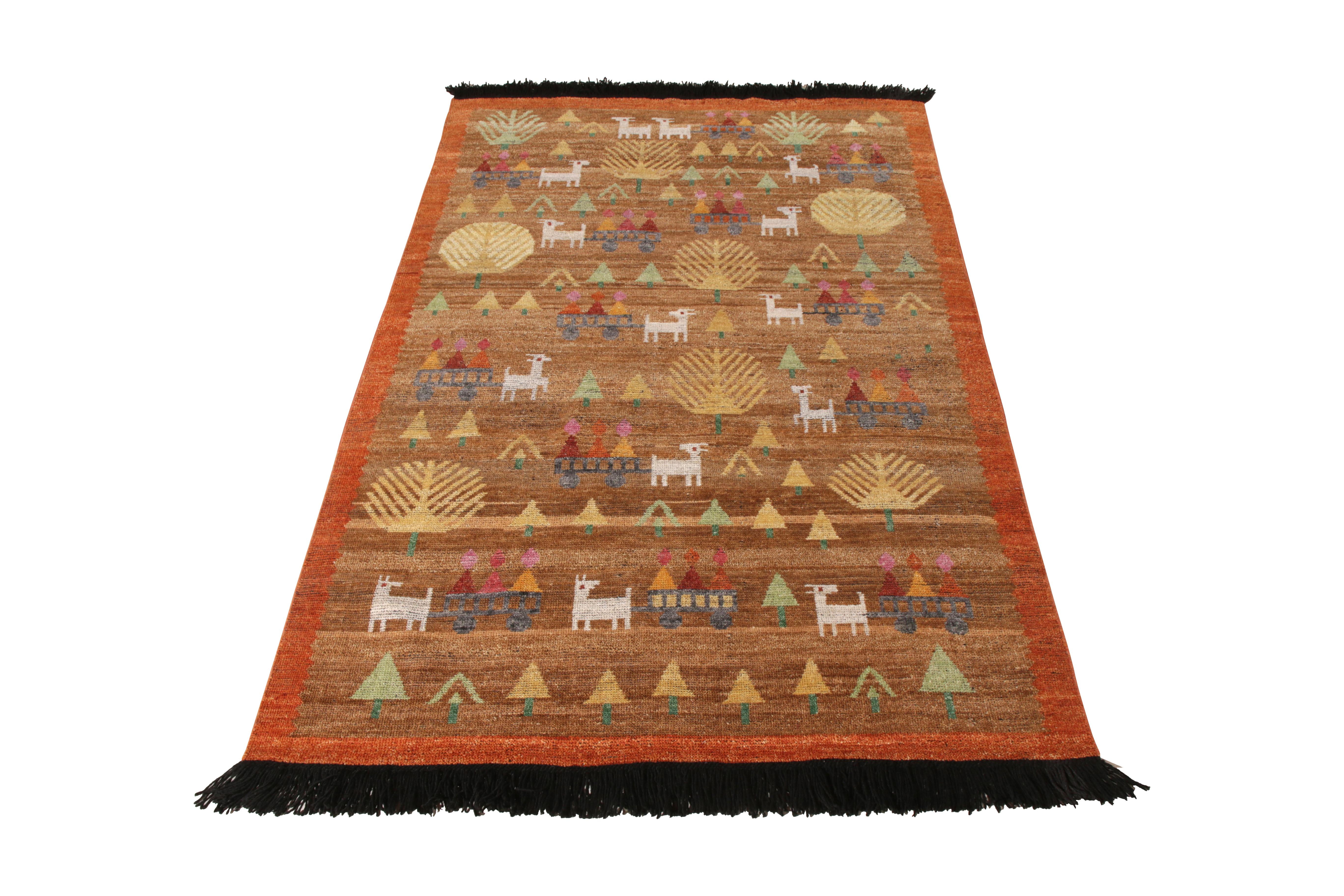 A 4 x 6 ode to Scandinavian rug from the Burano Collection by Rug & Kilim. Hand knotted in soft Ghazni wool, enjoying a rich pictorial pattern atop brown and orange hues in handsome abrashed striation. 

Further on the design: This particular nod