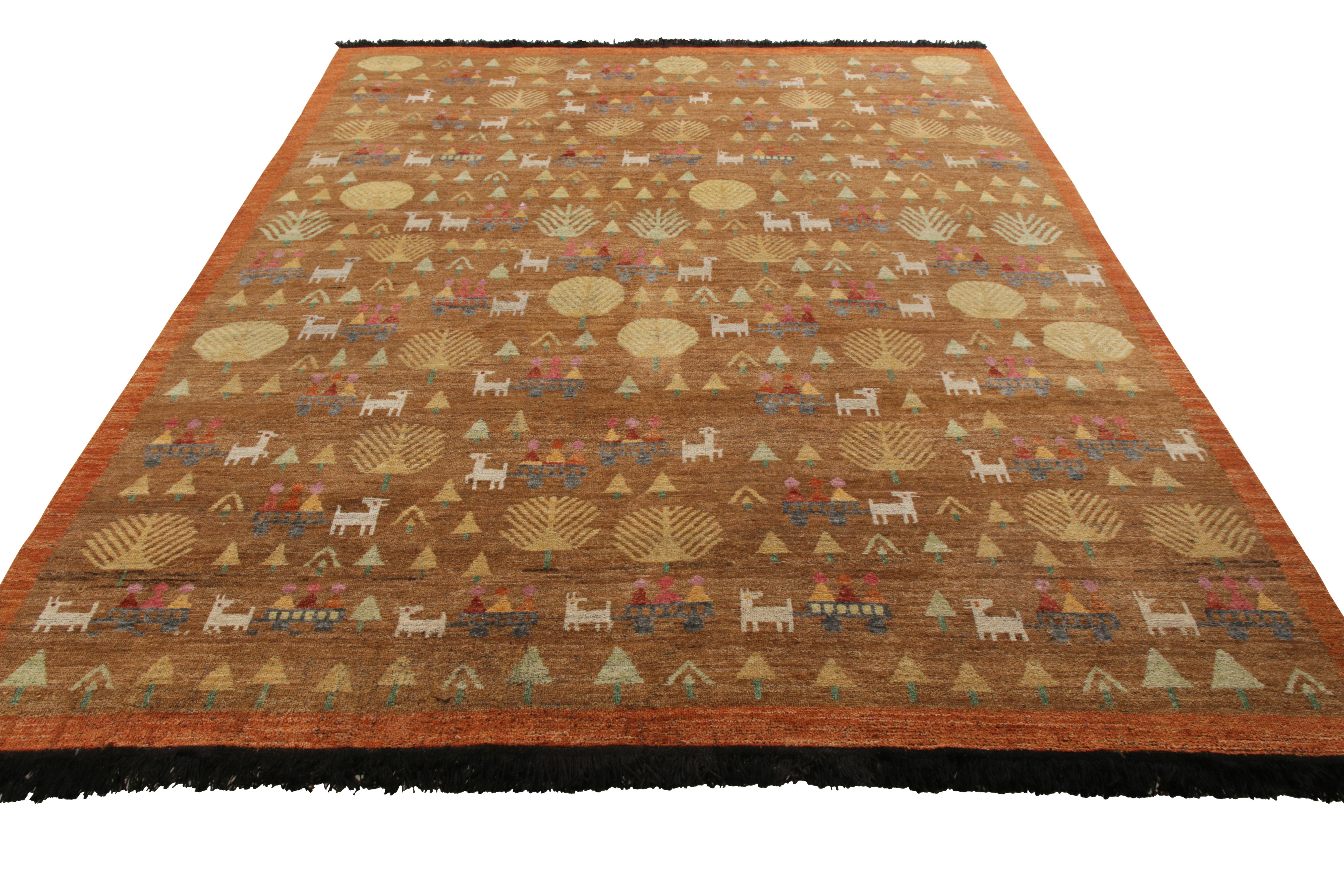 Un tappeto 8x10 ode alla Scandinavia della Collection'S di Rug & Kilim. Annodato a mano in morbida lana di Ghazni, presenta un ricco motivo pittorico su toni marroni e arancioni con una bella striatura abrasa. 

Ulteriori informazioni sul design: