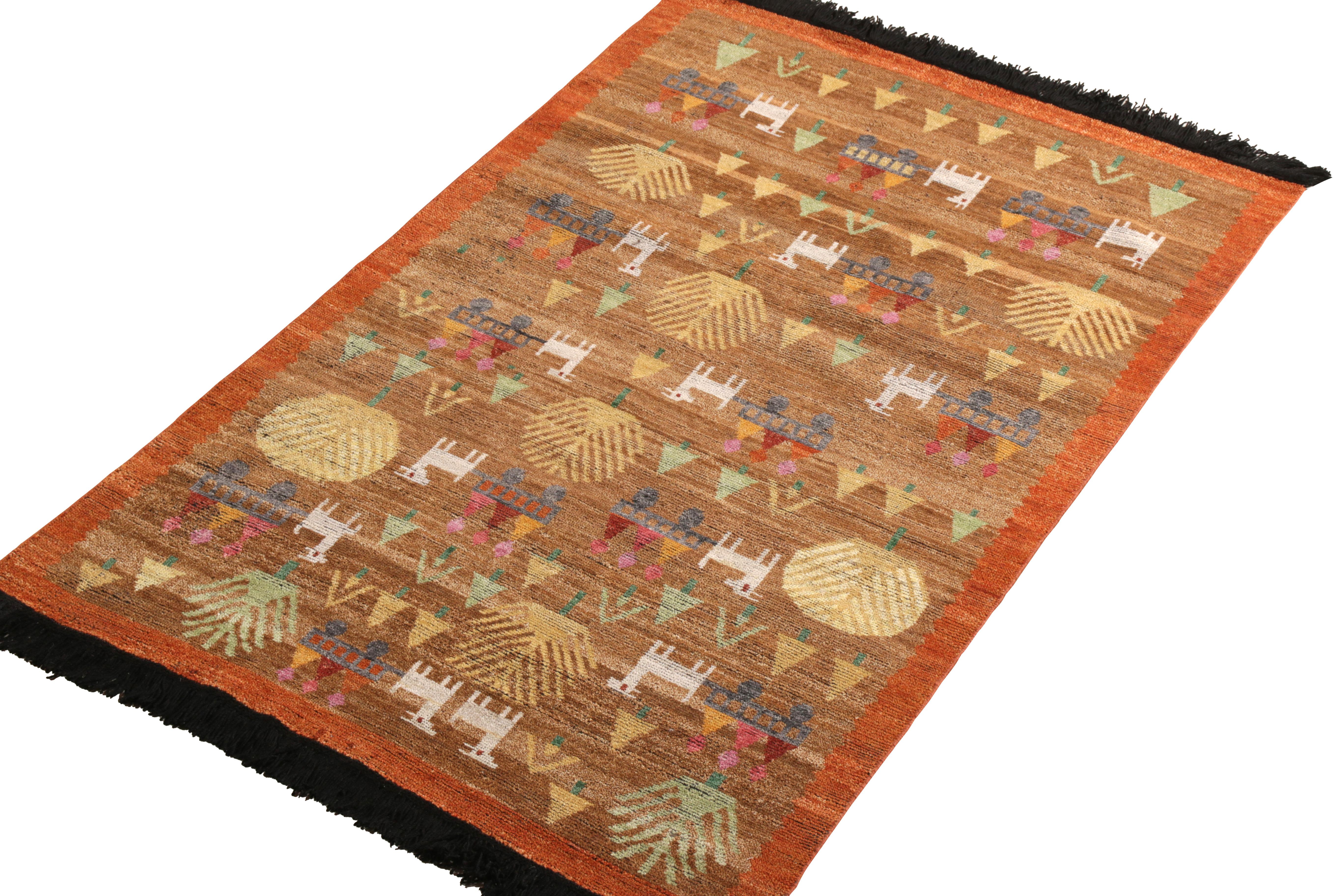 Indian Rug & Kilim’s Scandinavian Folk Art Style Rug in Brown with Pictorial Pattern For Sale