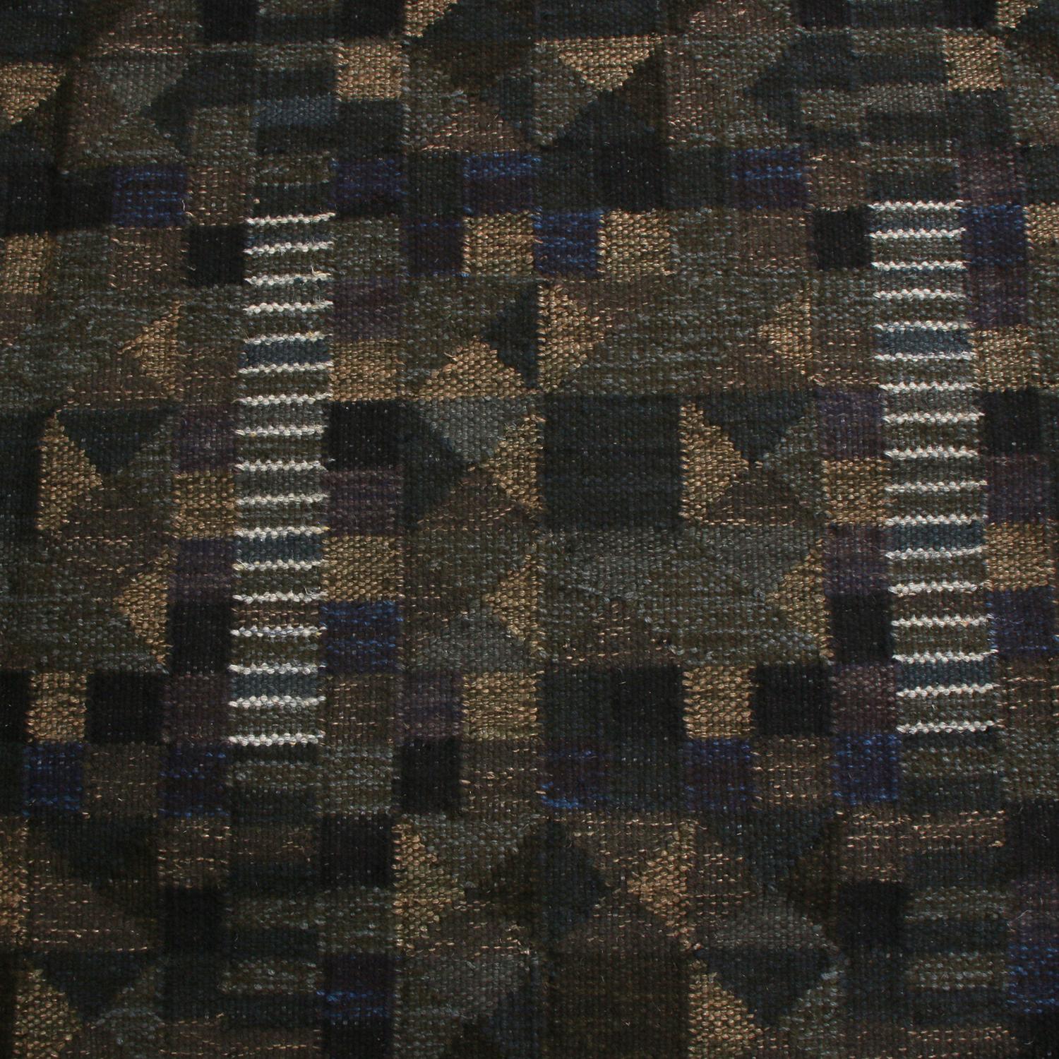 Scandinavian Modern Rug & Kilim’s Scandinavian-Inspired Brown Green and Blue Wool Pile Rug For Sale