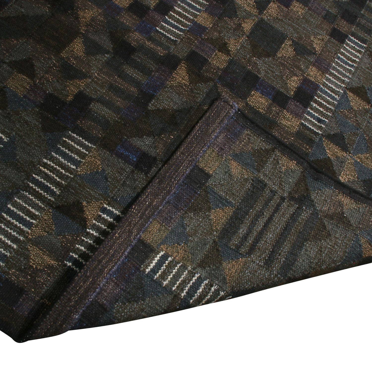 Hand-Knotted Rug & Kilim’s Scandinavian-Inspired Brown Green and Blue Wool Pile Rug For Sale