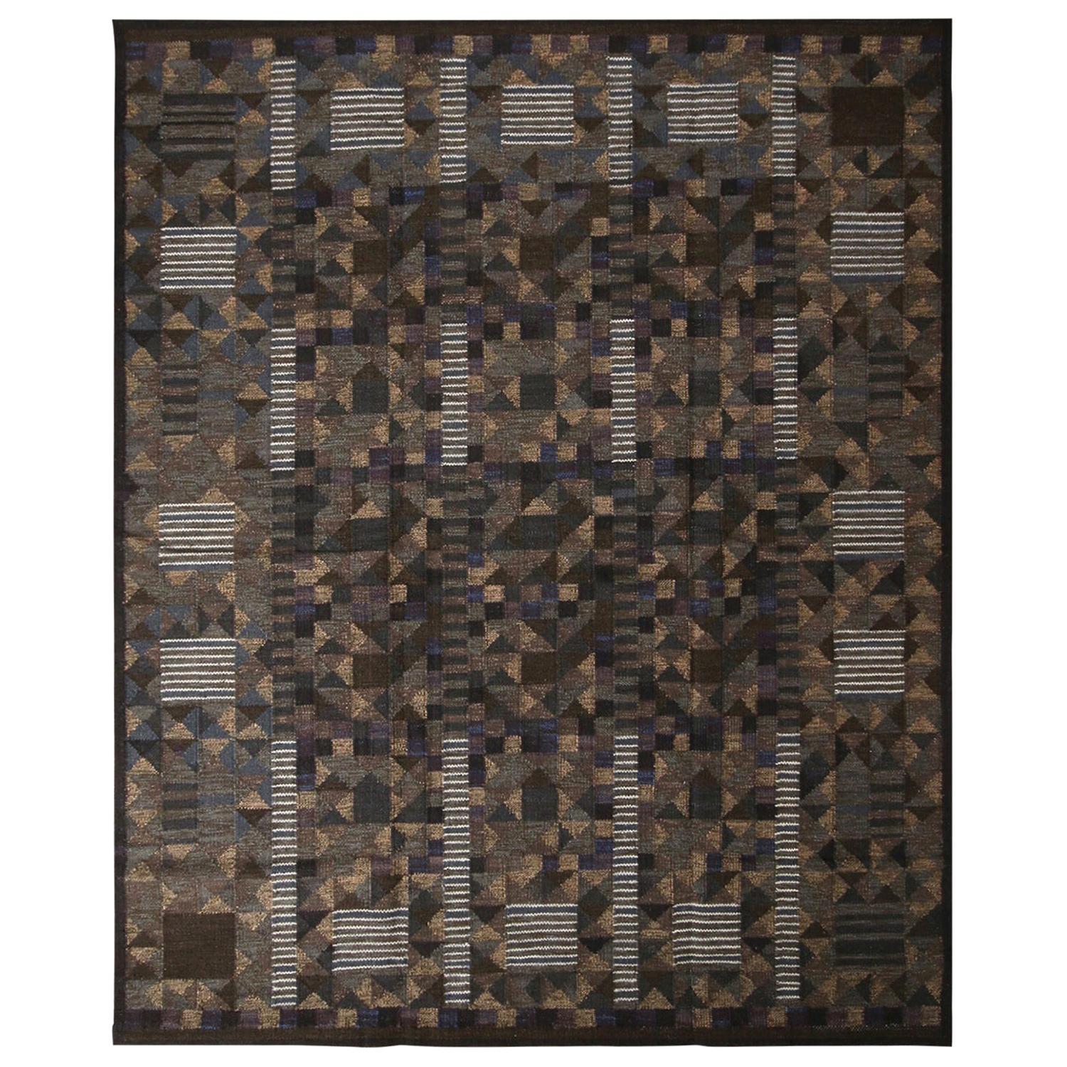 Rug & Kilim’s Scandinavian-Inspired Brown Green and Blue Wool Pile Rug For Sale