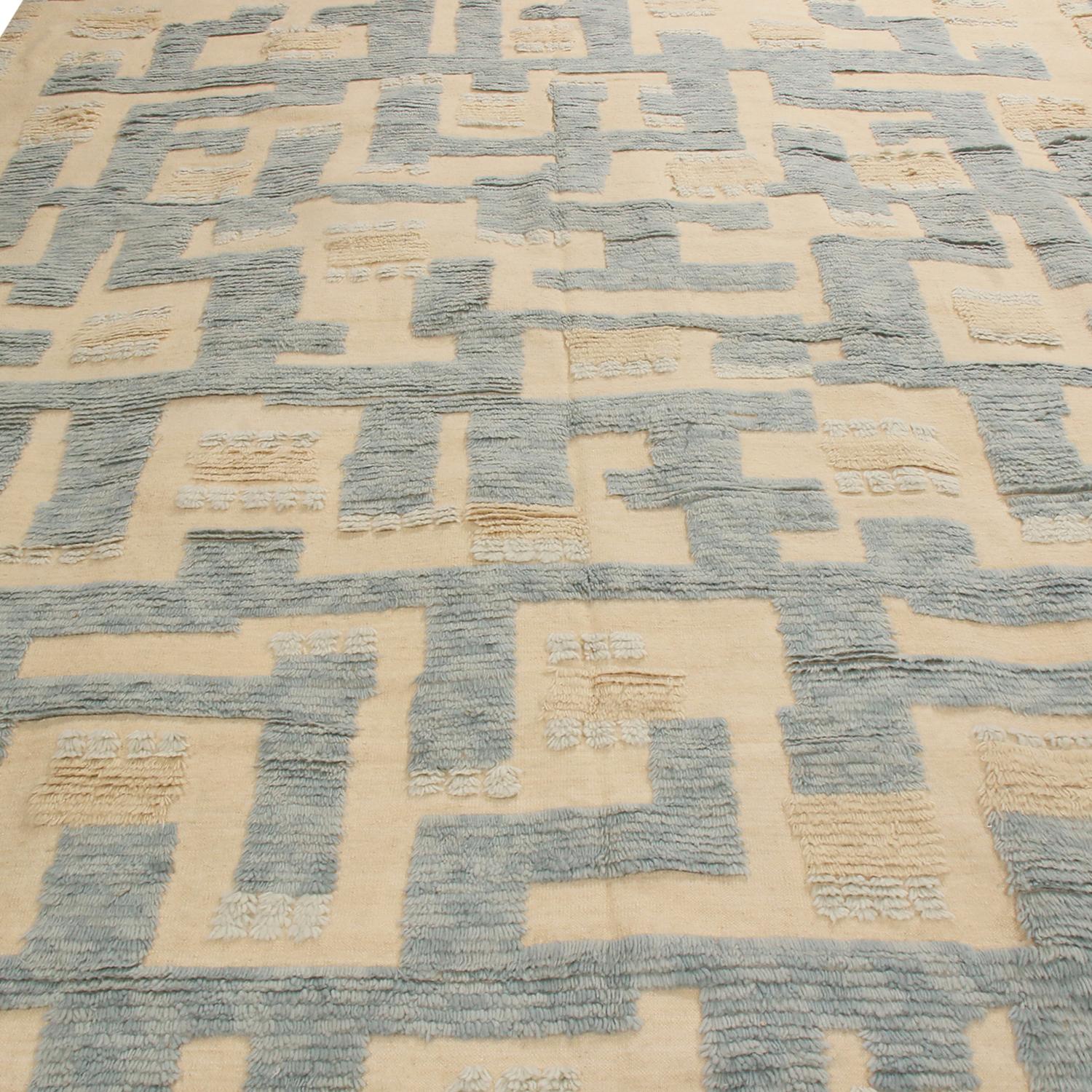Hand-Knotted Rug & Kilim’s Scandinavian-Inspired Geometric Beige and Blue Wool Pile Rug For Sale