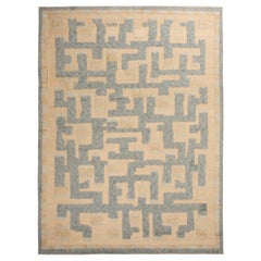 Alfombra geométrica de pelo de lana beige y azul de inspiración escandinava Rug & Kilim