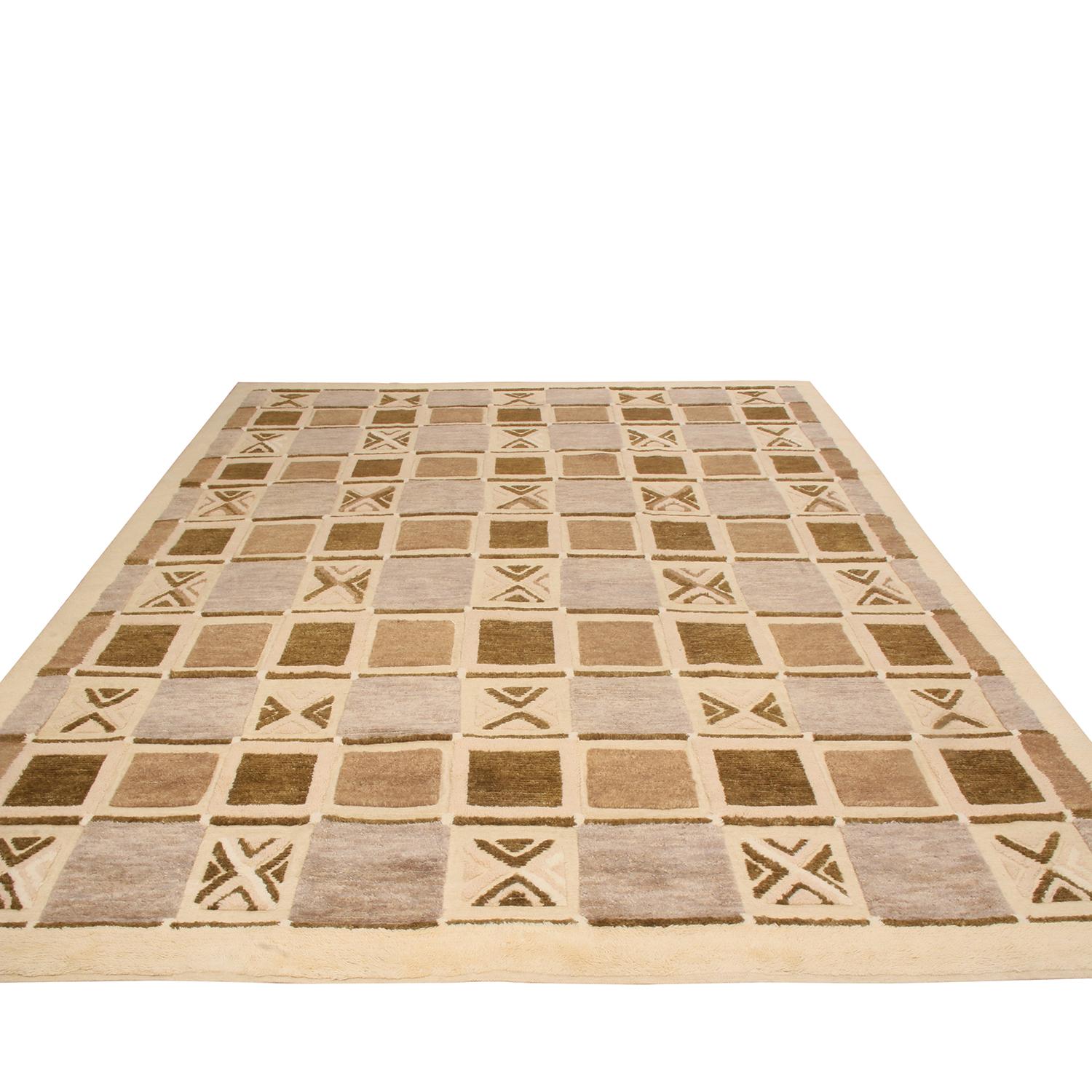 Originating from India, this Scandinavian-inspired rug from Rug & Kilim’s titular collection enjoys an exciting marriage of pile and flat-woven wool with an intricate geometric field design, boasting alternating mirrored rows of tribal patterns