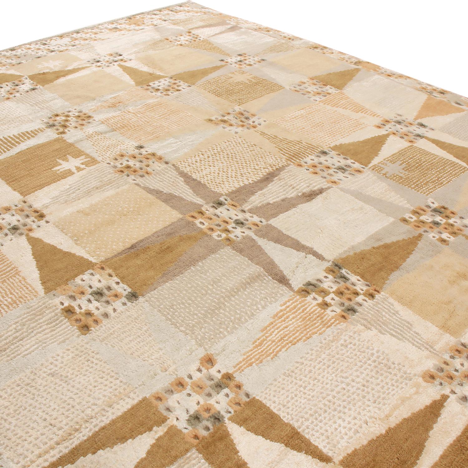 Originating from India, this hand knotted contemporary pile rug hails from Rug & Kilim’s Scandinavian-inspired collection, featuring a distinct patchwork all-over field design with cream and multi-tonal beige-brown colorways with sunset orange and