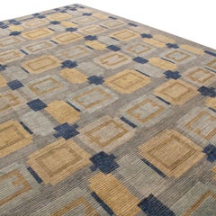 Rug & Kilim’s Scandinavian-Inspired Geometric Gold Beige and Blue Wool Pile Rug