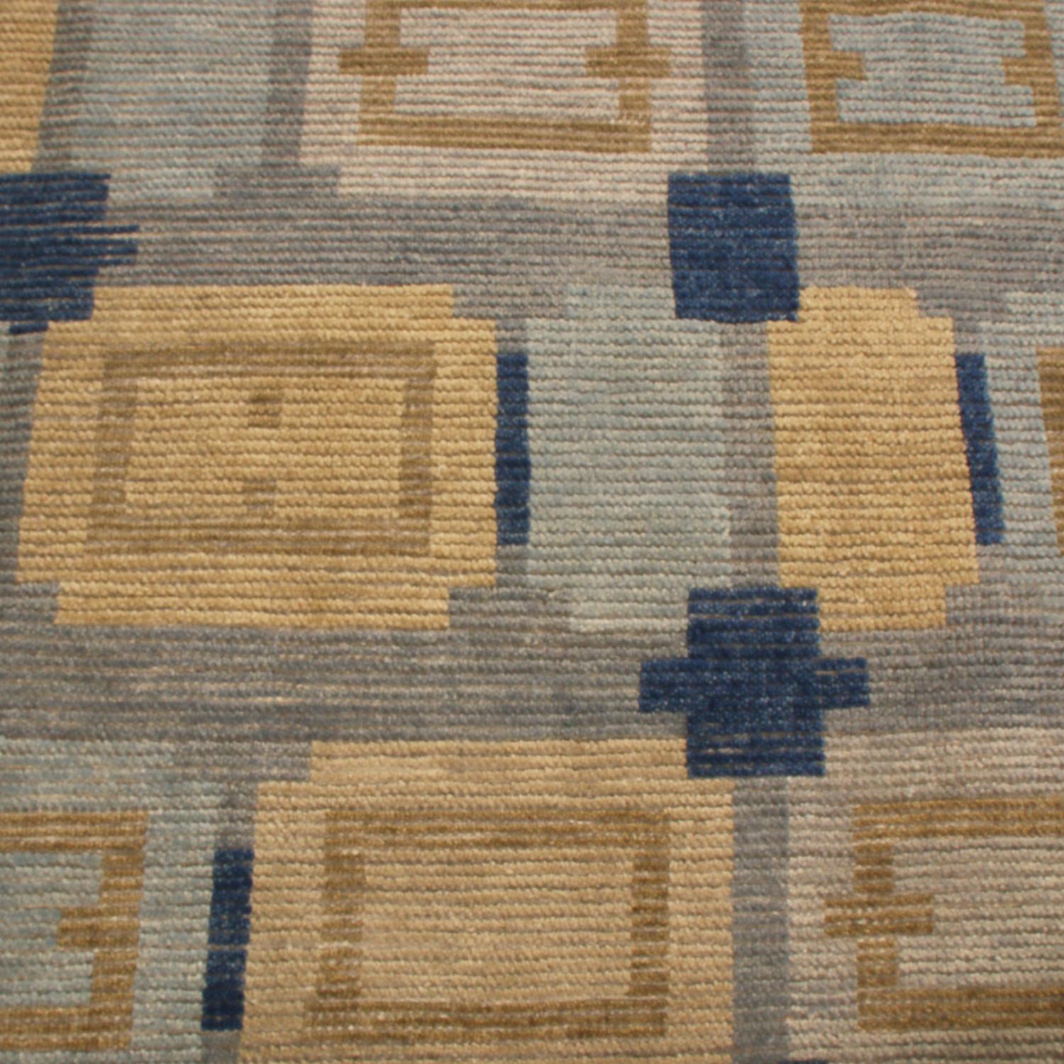 Indian Rug & Kilim’s Scandinavian-Inspired Geometric Gold Beige and Blue Wool Pile Rug For Sale