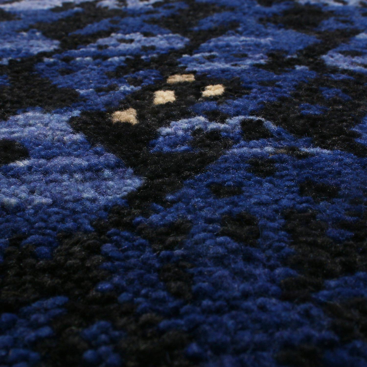 Indian Rug & Kilim’s Scandinavian-Inspired Geometric Black and Blue Wool Pile Rug For Sale