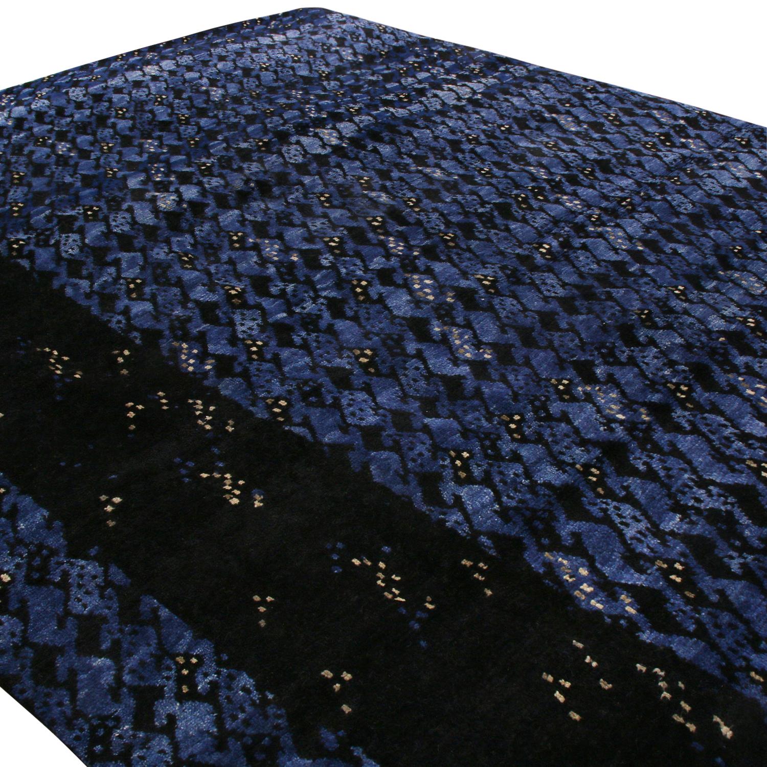 Indian Rug & Kilim’s Scandinavian-Inspired Geometric Black and Blue Wool Pile Rug