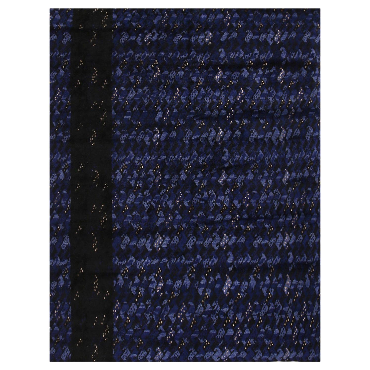 Tapis & Kilim's Scandinavian-Inspired Geometric Black and Blue Wool Pile Rug (en anglais)