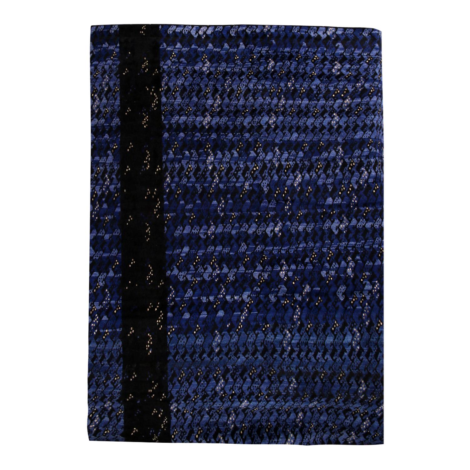 Tapis & Kilim's Scandinavian-Inspired Geometric Black and Blue Wool Pile Rug (en anglais) en vente