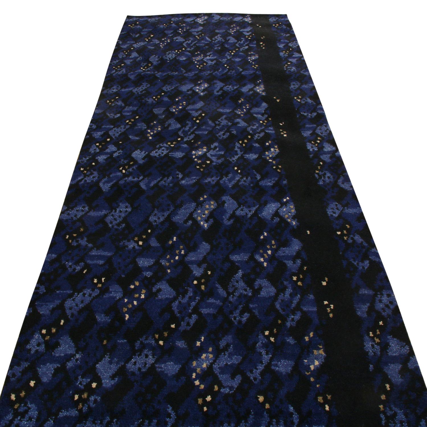 Originating from India, this hand knotted contemporary pile runner hails from Rug & Kilim’s Scandinavian-inspired collection, featuring a distinct patchwork all-over field design with black and multi-tonal blue colorways with lively yellow accents