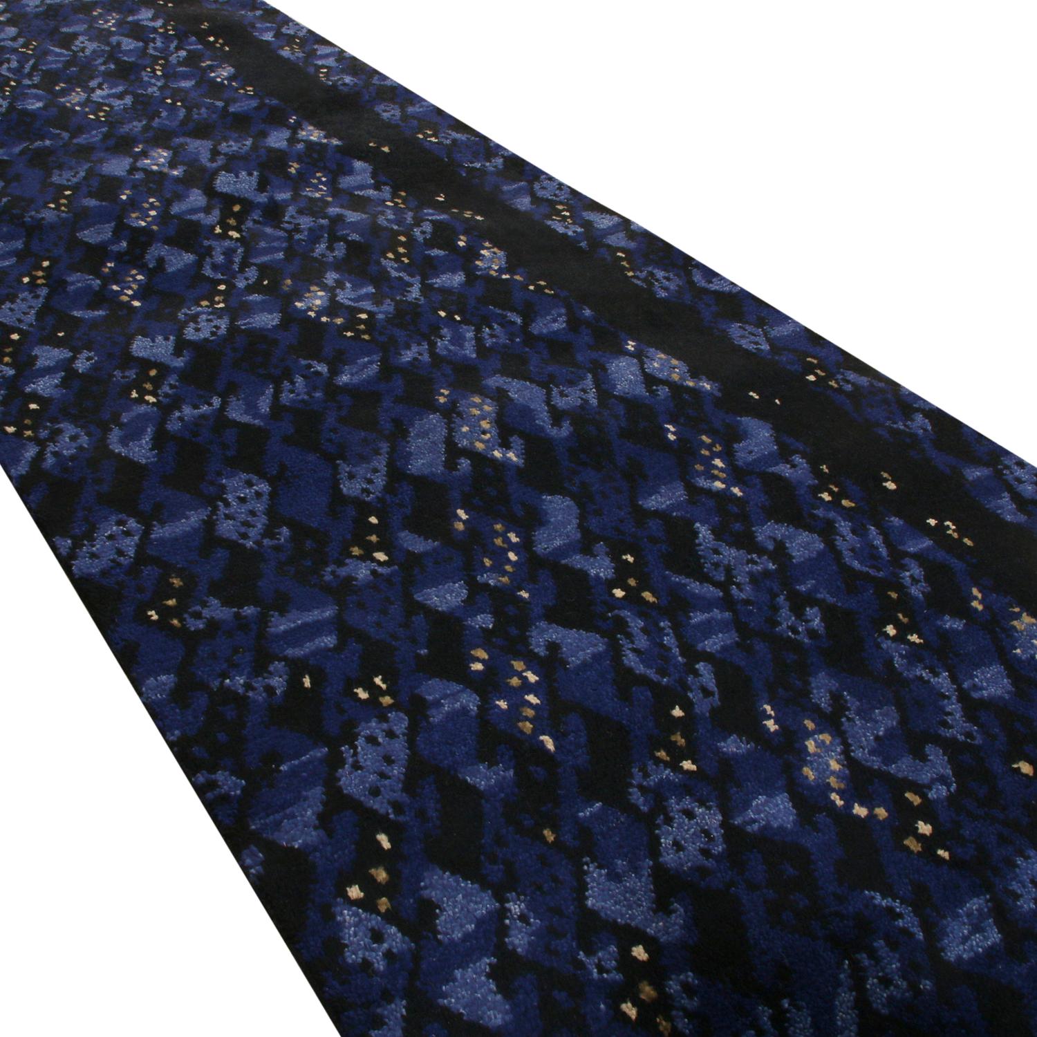 Scandinavian Modern Rug & Kilim’s Scandinavian-Inspired Geometric Black and Blue Wool Pile Runner For Sale
