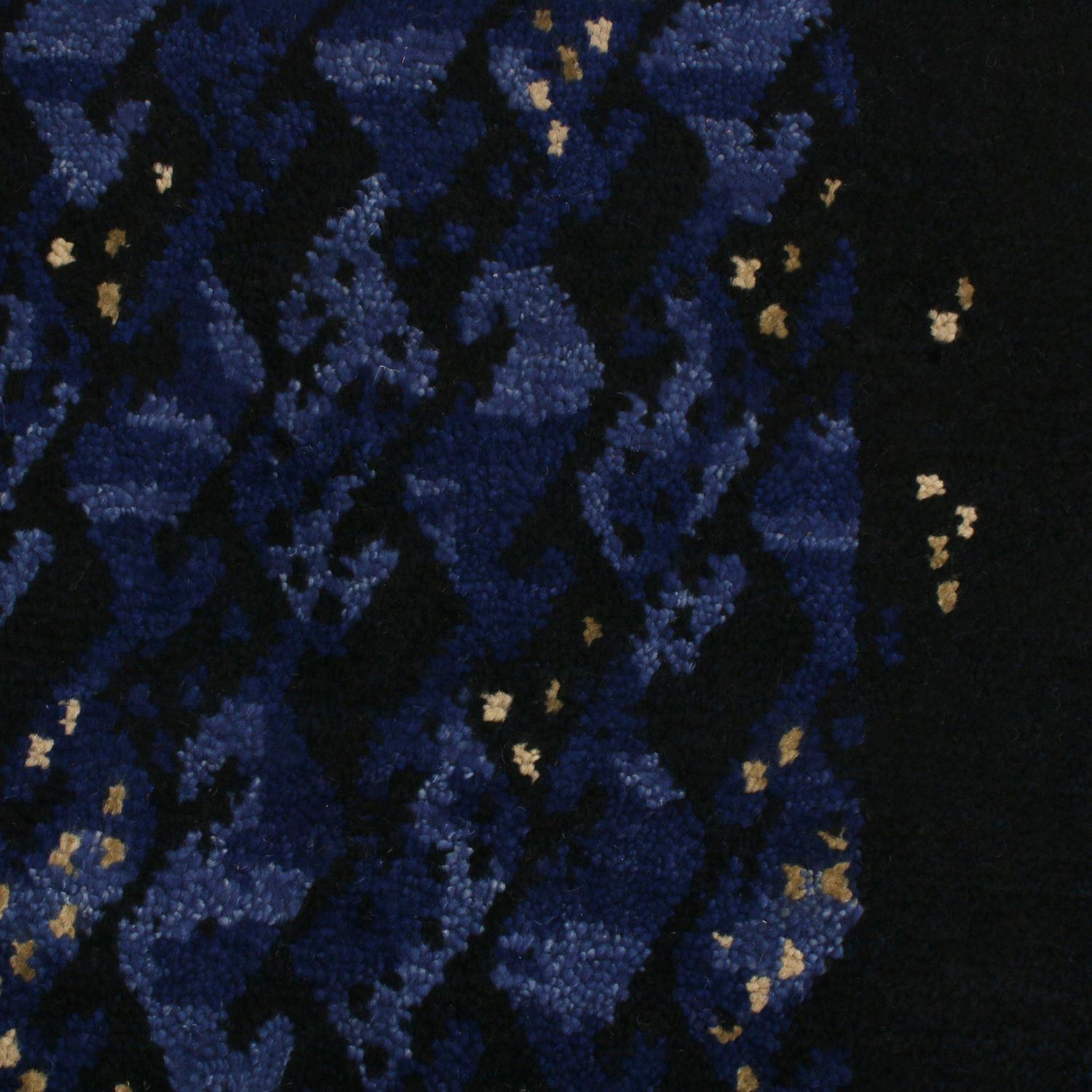Indian Rug & Kilim’s Scandinavian-Inspired Geometric Black and Blue Wool Pile Runner