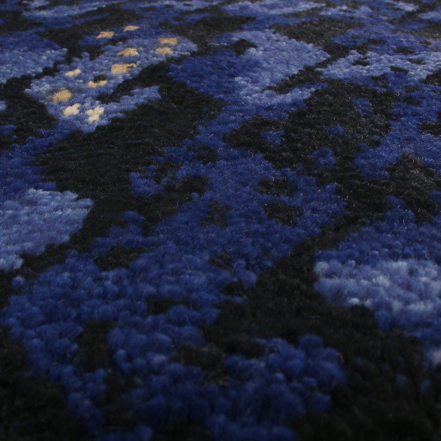 Hand-Knotted Rug & Kilim’s Scandinavian-Inspired Geometric Black and Blue Wool Pile Runner For Sale