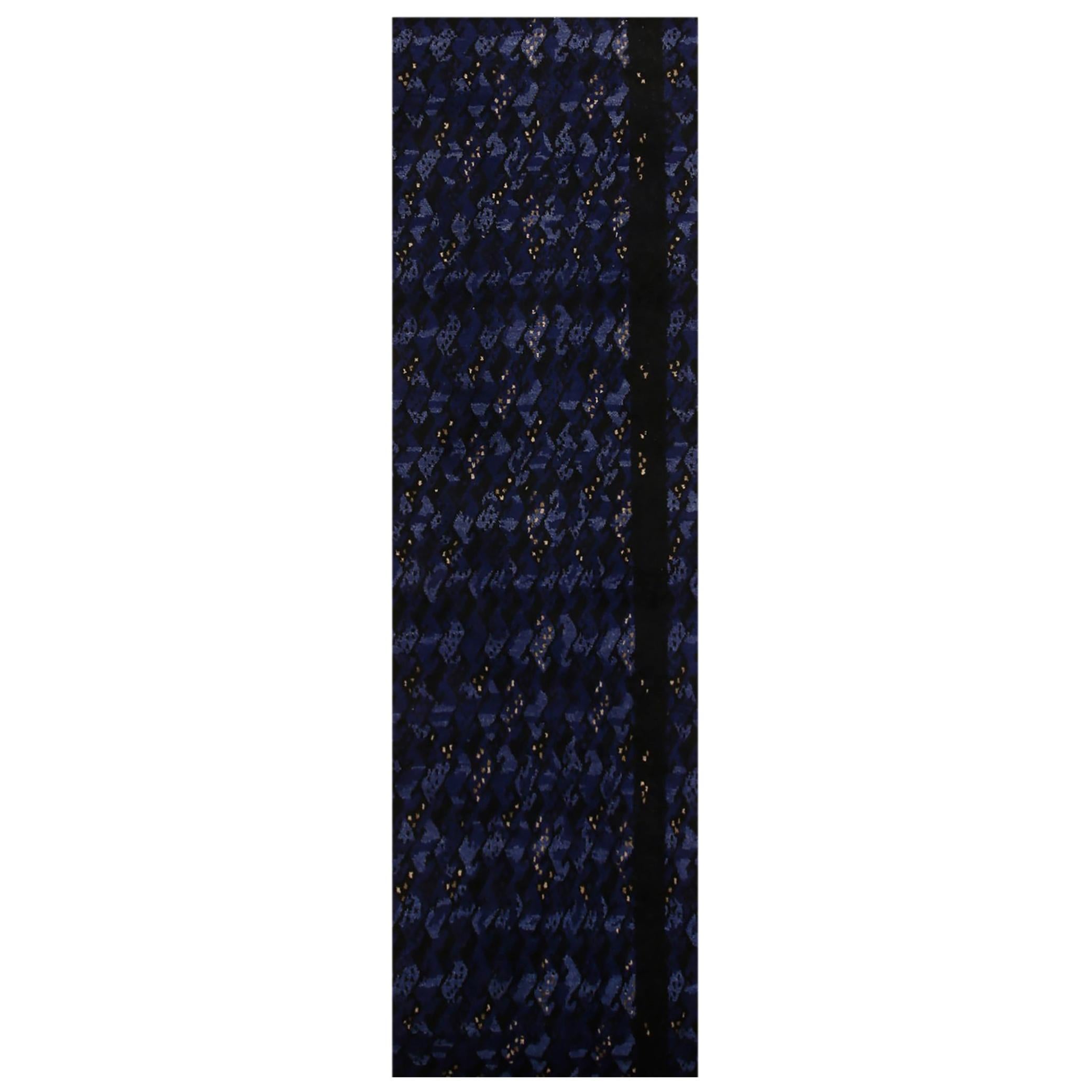 Rug & Kilim��’s Scandinavian-Inspired Geometric Black and Blue Wool Pile Runner