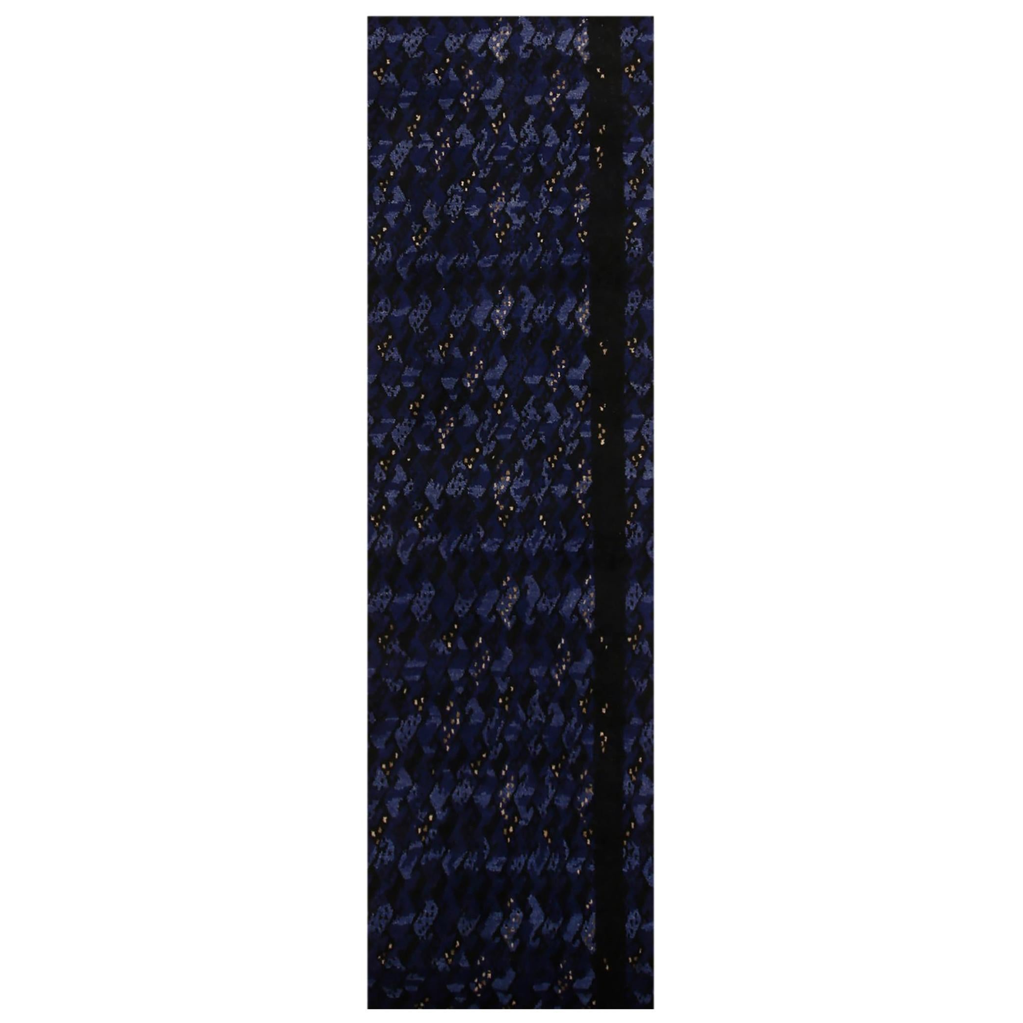 Rug & Kilim’s Scandinavian-Inspired Geometric Black and Blue Wool Pile Runner For Sale